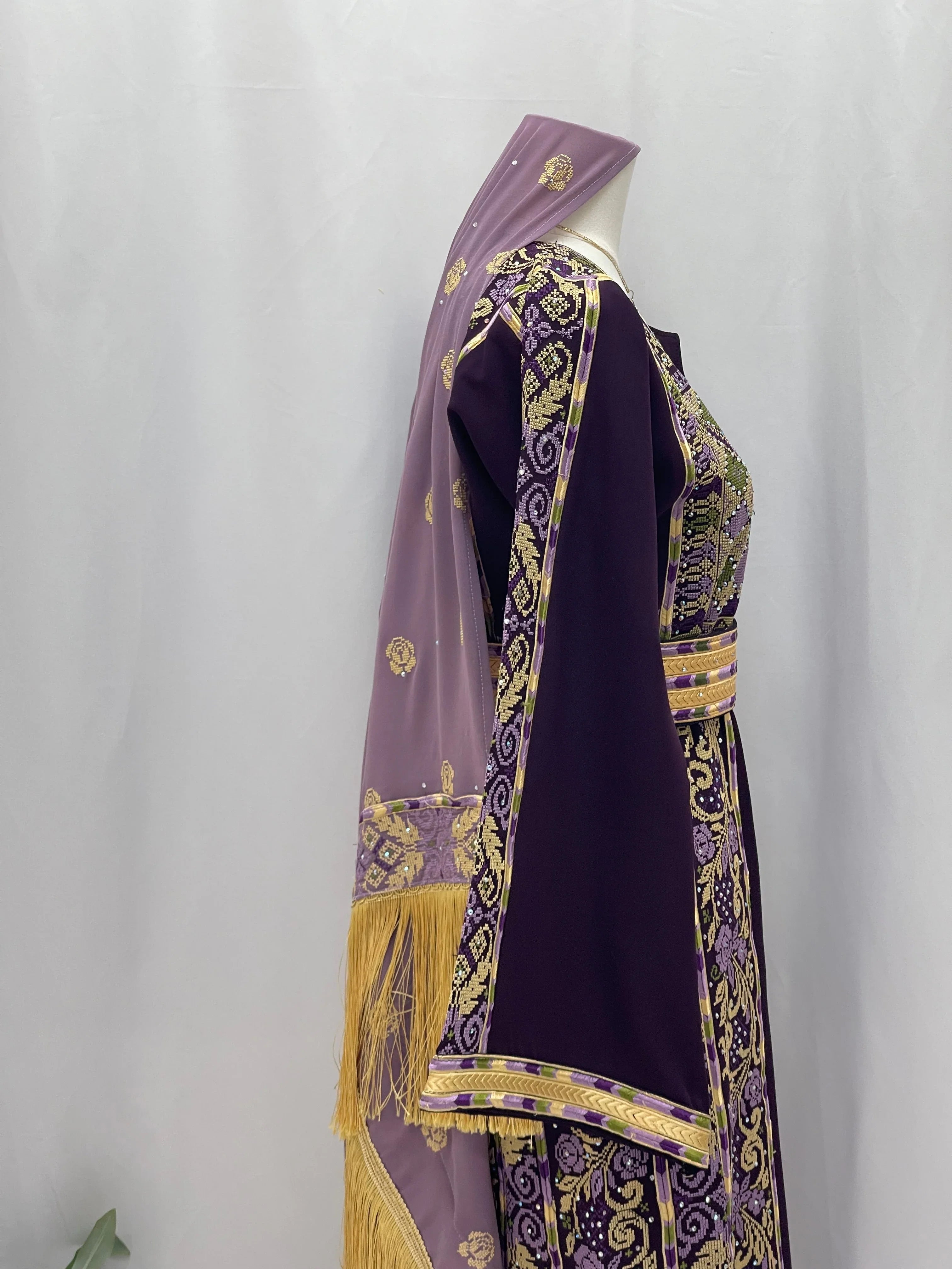 Arjwan Embroidered Thoub in rich purple with intricate gold embroidery and a stylish matching scarf