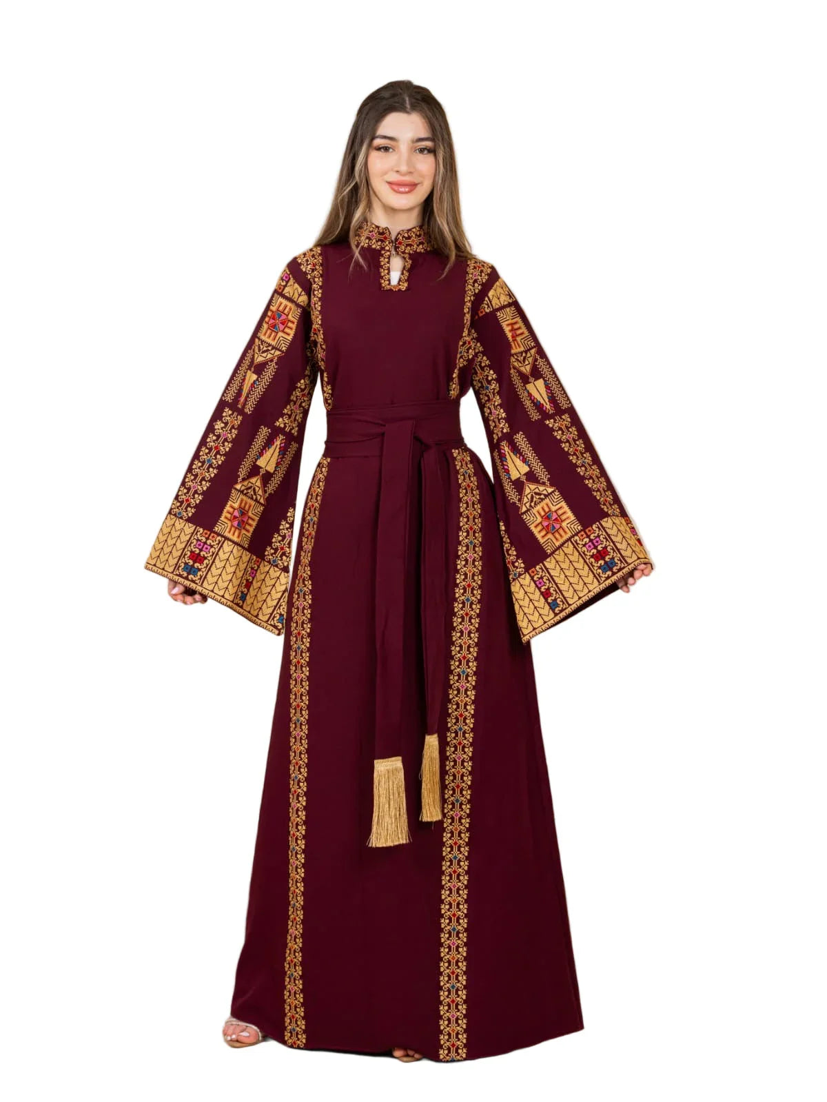 Asala Embroidered Thoub maroon thobe with gold cross stitch panels wide bell sleeves waist sash tassels
