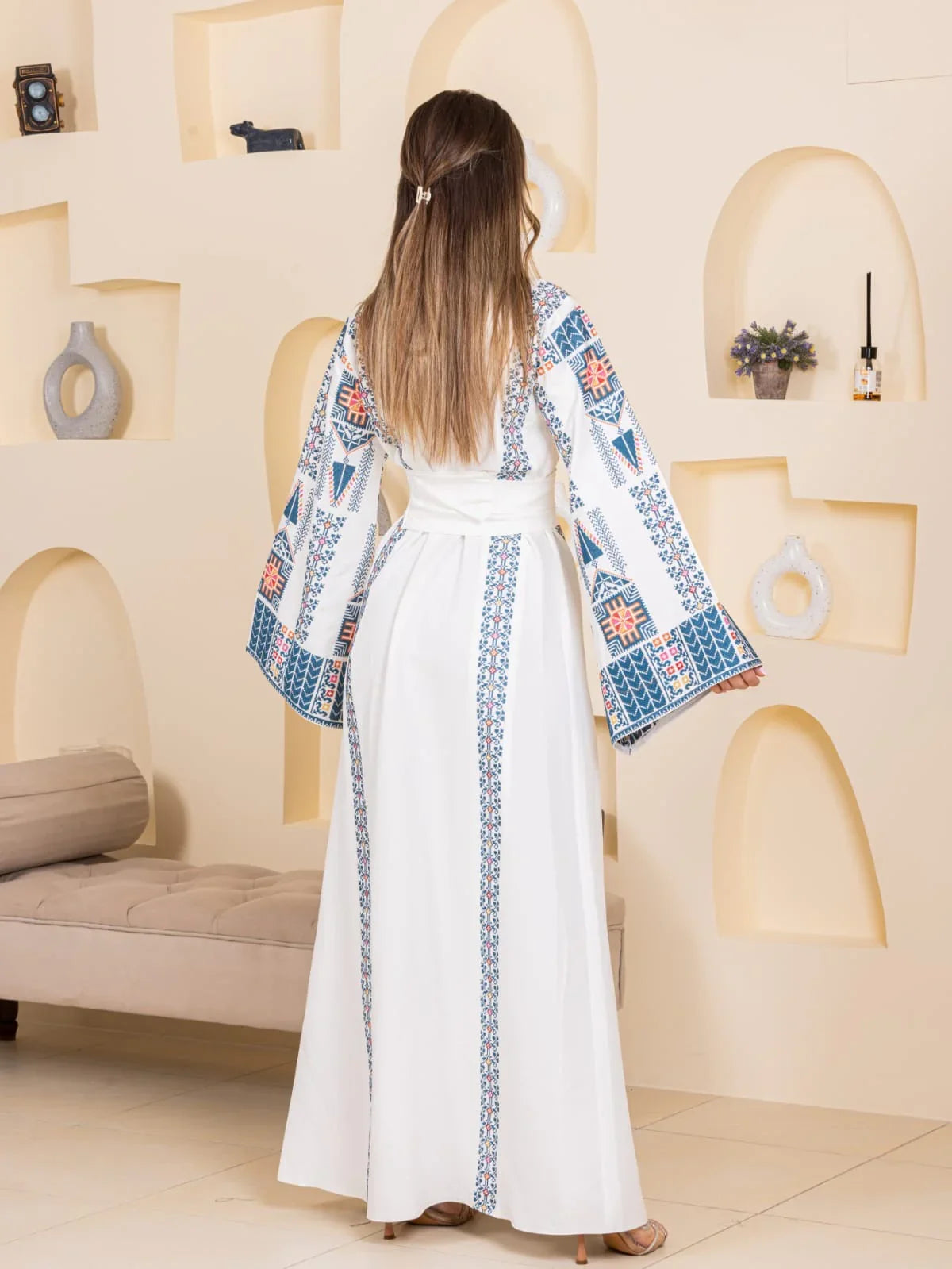 Asala Embroidered Thoub by Palestinian Elegance white long thobe with blue and coral traditional embroidery and bell sleeves