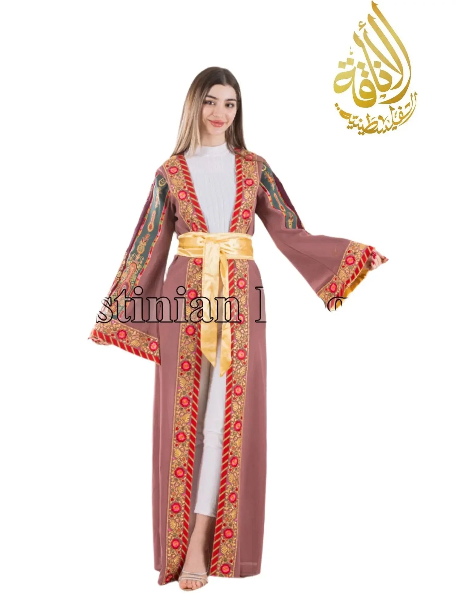 Palestinian Elegance Aseel Malaka embroidered Cardigan with red and green floral embroidery and gold belt