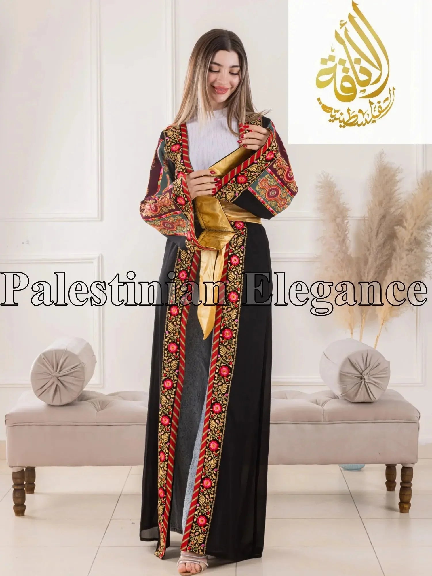 Aseel Malaka embroidered Cardigan by Palestinian Elegance with intricate red and gold detailing on black fabric