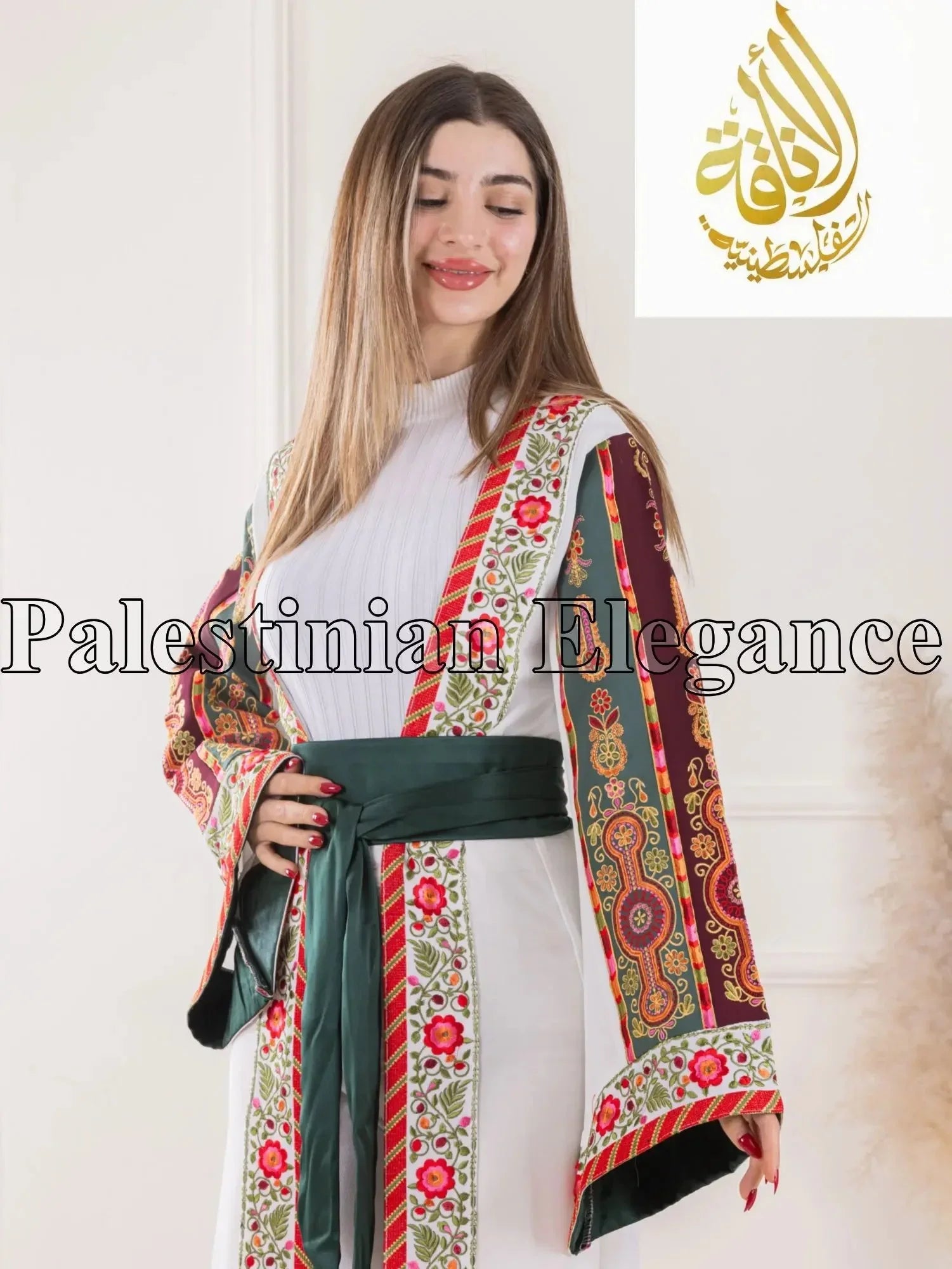 Aseel Malaka embroidered Cardigan by Palestinian Elegance with colorful floral and geometric patterns