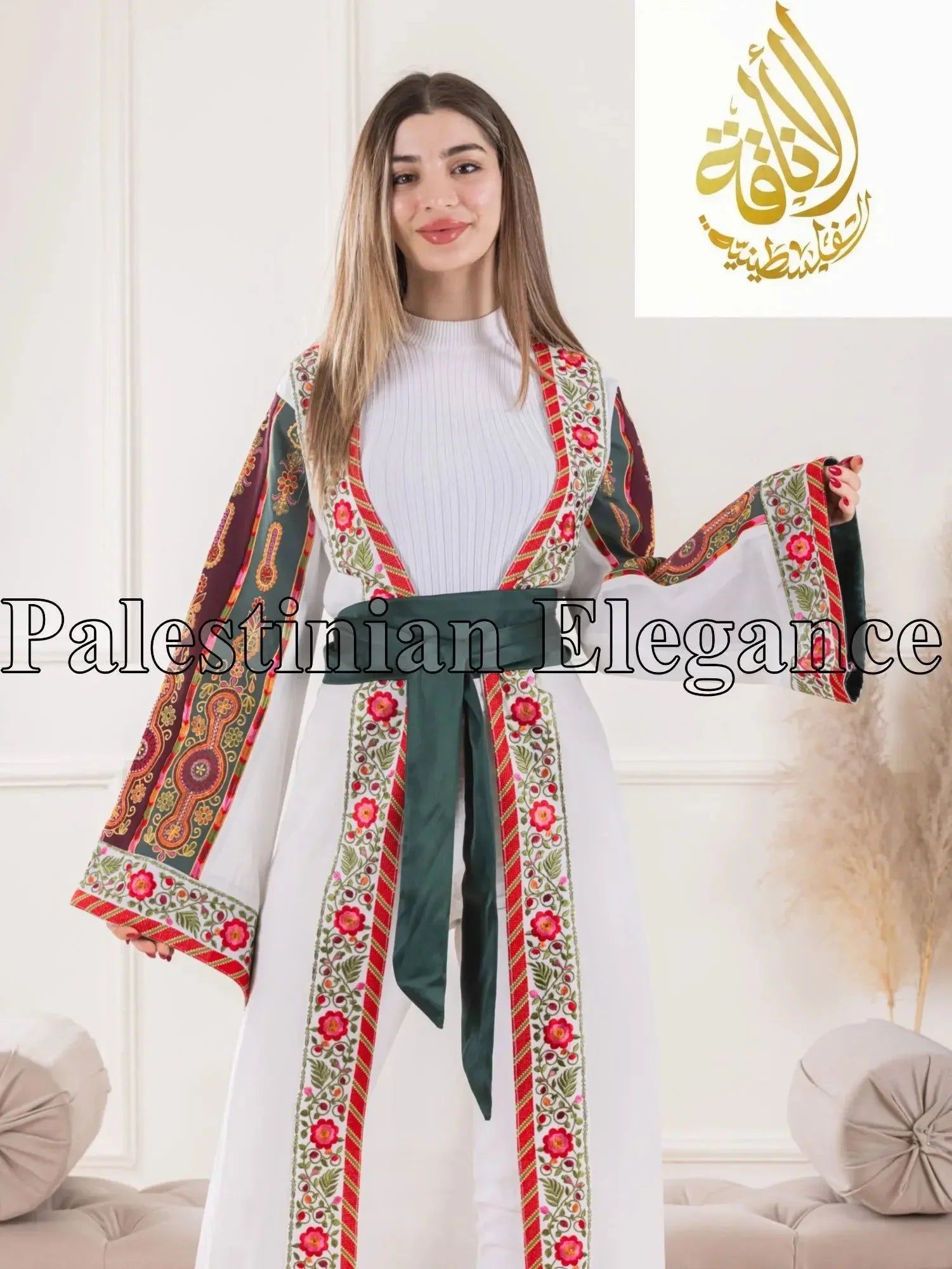 Aseel Malaka embroidered Cardigan by Palestinian Elegance with floral patterns and green sash belt