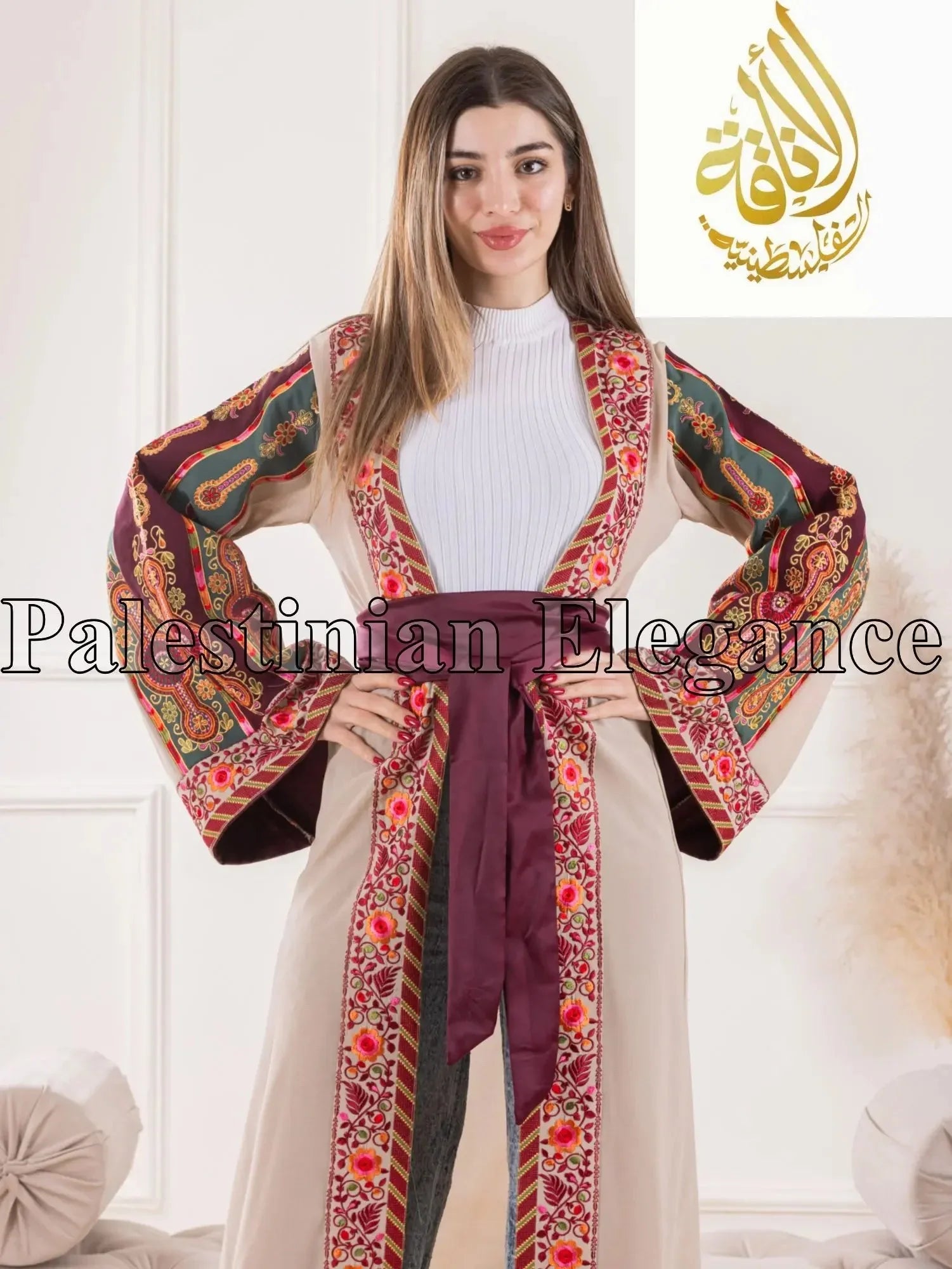 Aseel Malaka embroidered Cardigan by Palestinian Elegance with colorful traditional detailed sleeves and front design