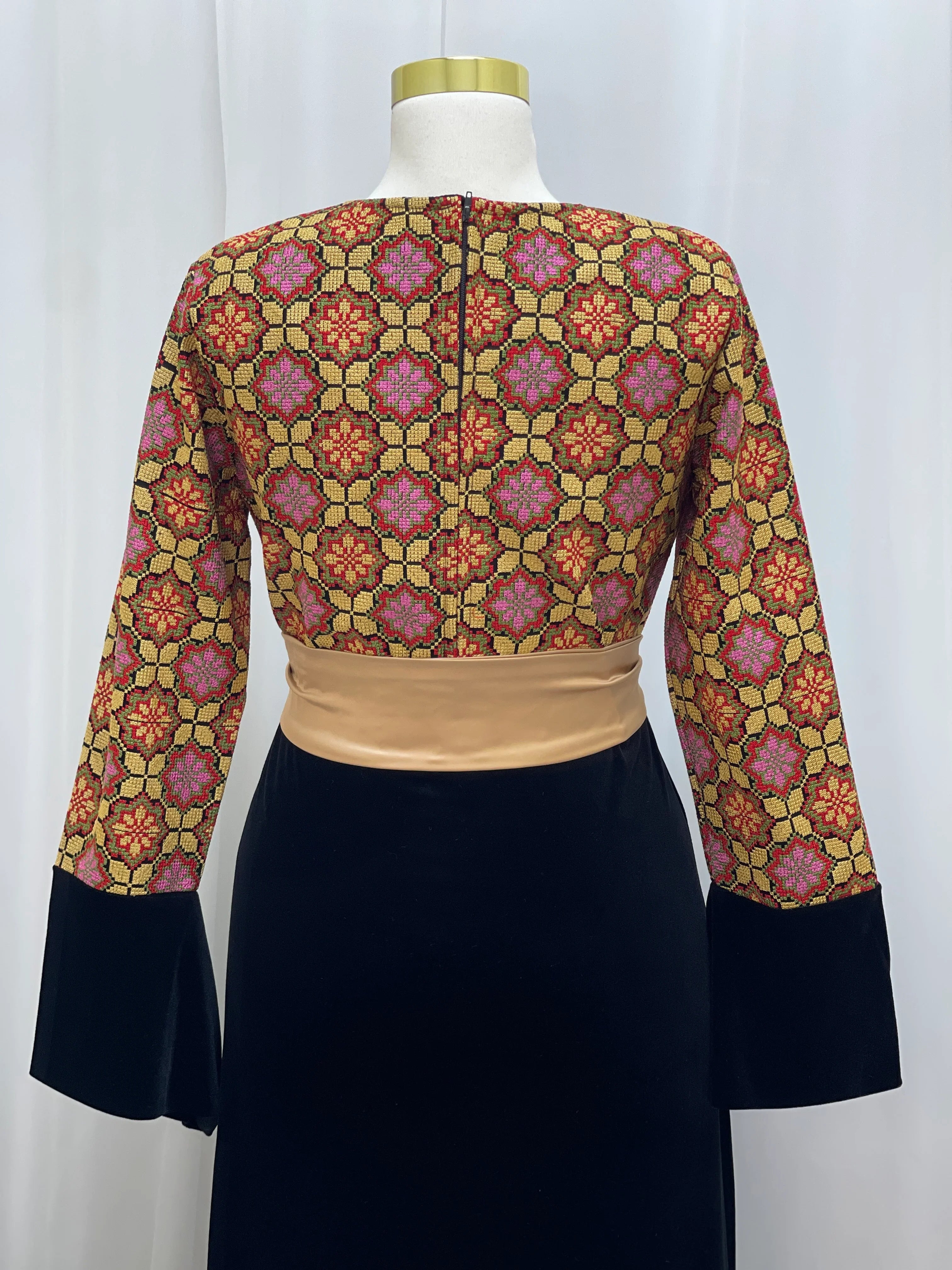 Embroidered Velvet Maxi Dress with Satin Belt