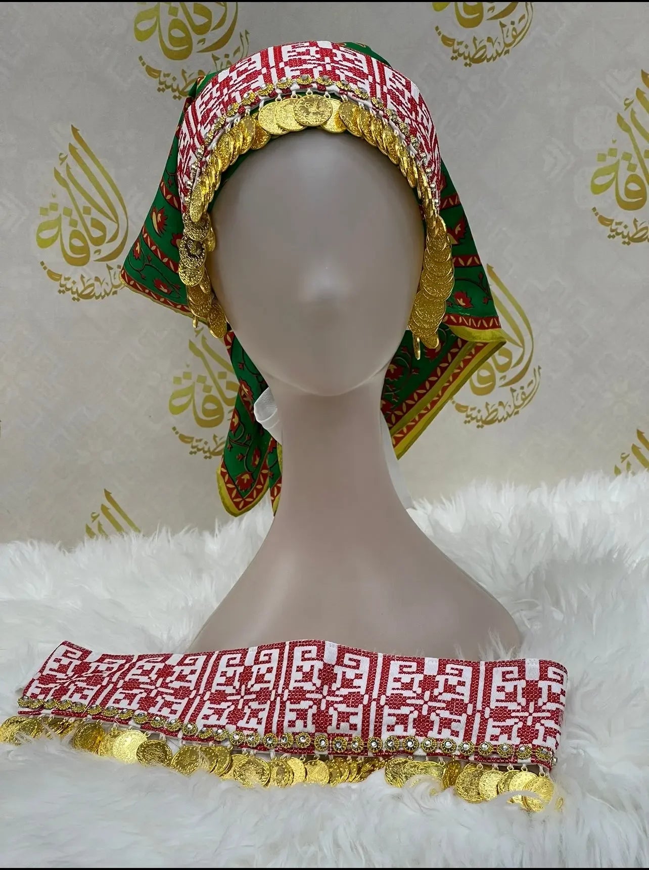 Palestinian Elegance tatreez head scarf with beads in red and green embroidery with gold coins detail