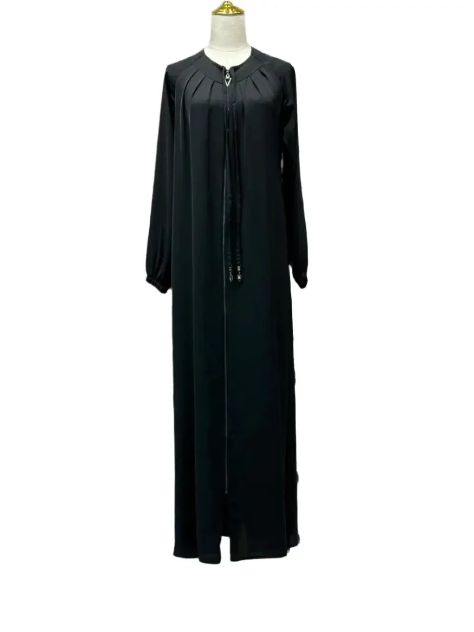 Black umra abaya for women by Palestinian Elegance with long sleeves and front tie detail