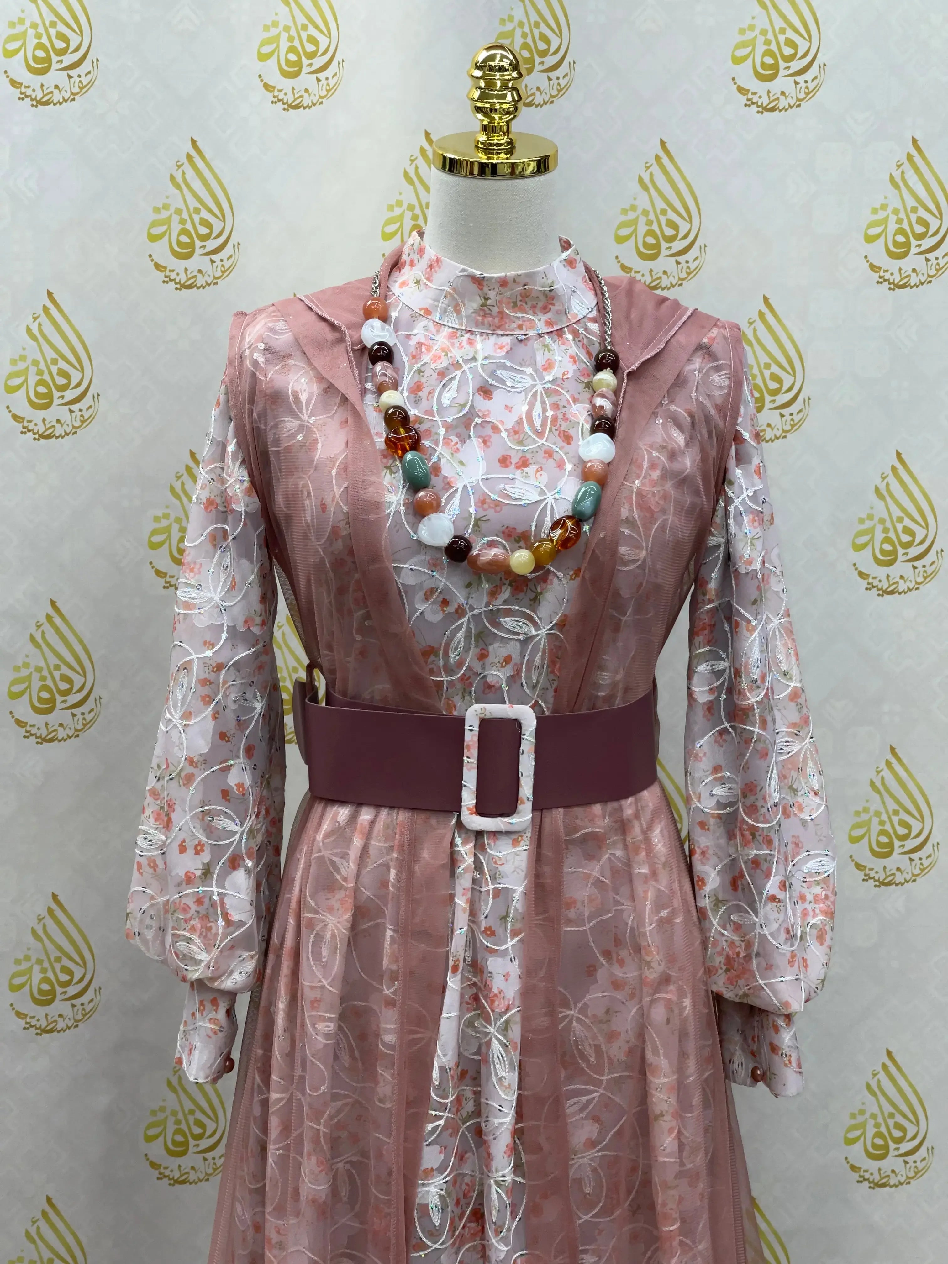 Floral Embroidered Mesh Overlay Dress with Beads: Enchanting Elegance and Grace Palestinian Elegance