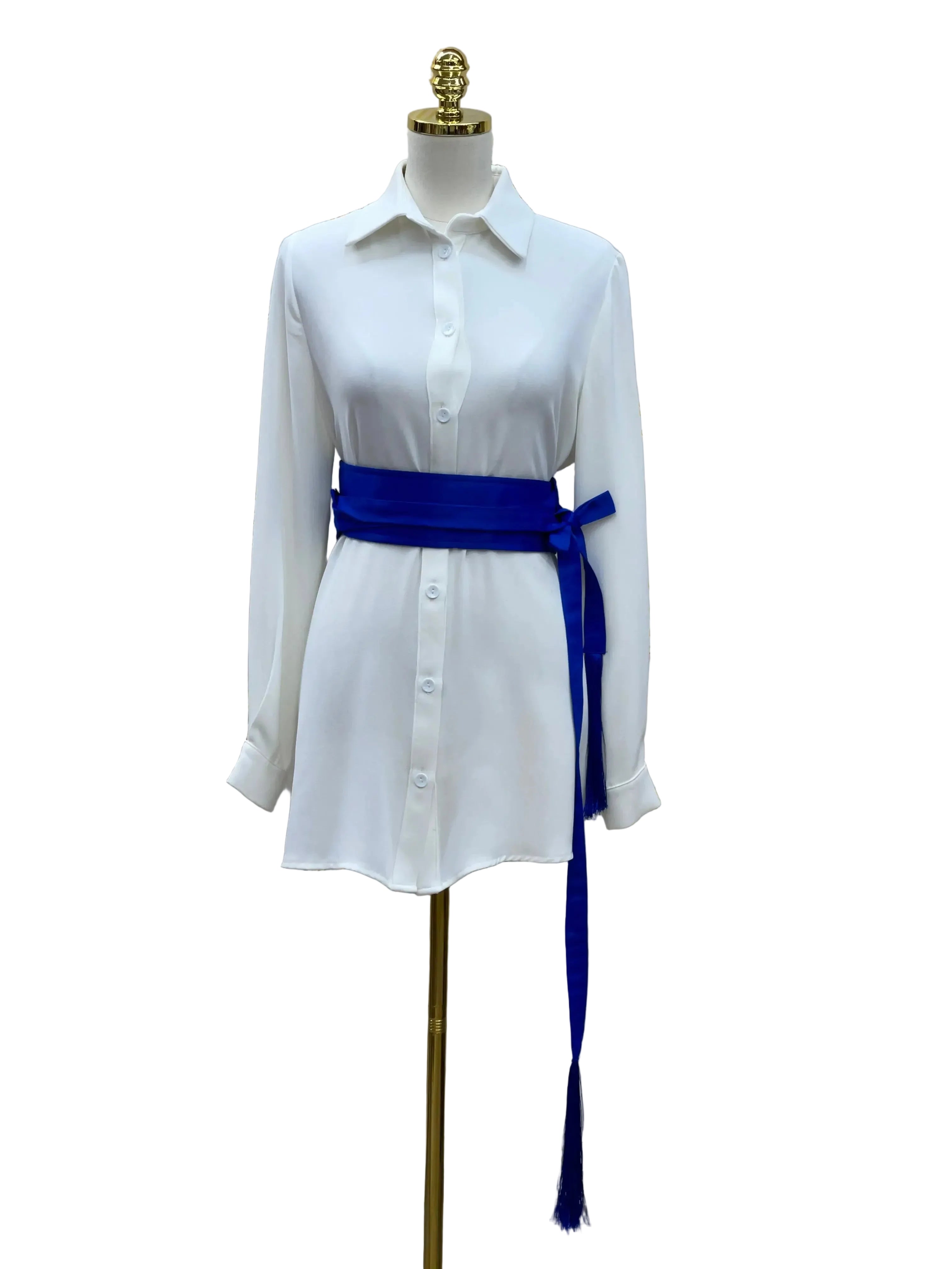 Luxury satin belt for dresses in royal blue by Palestinian Elegance styled on white button-up dress