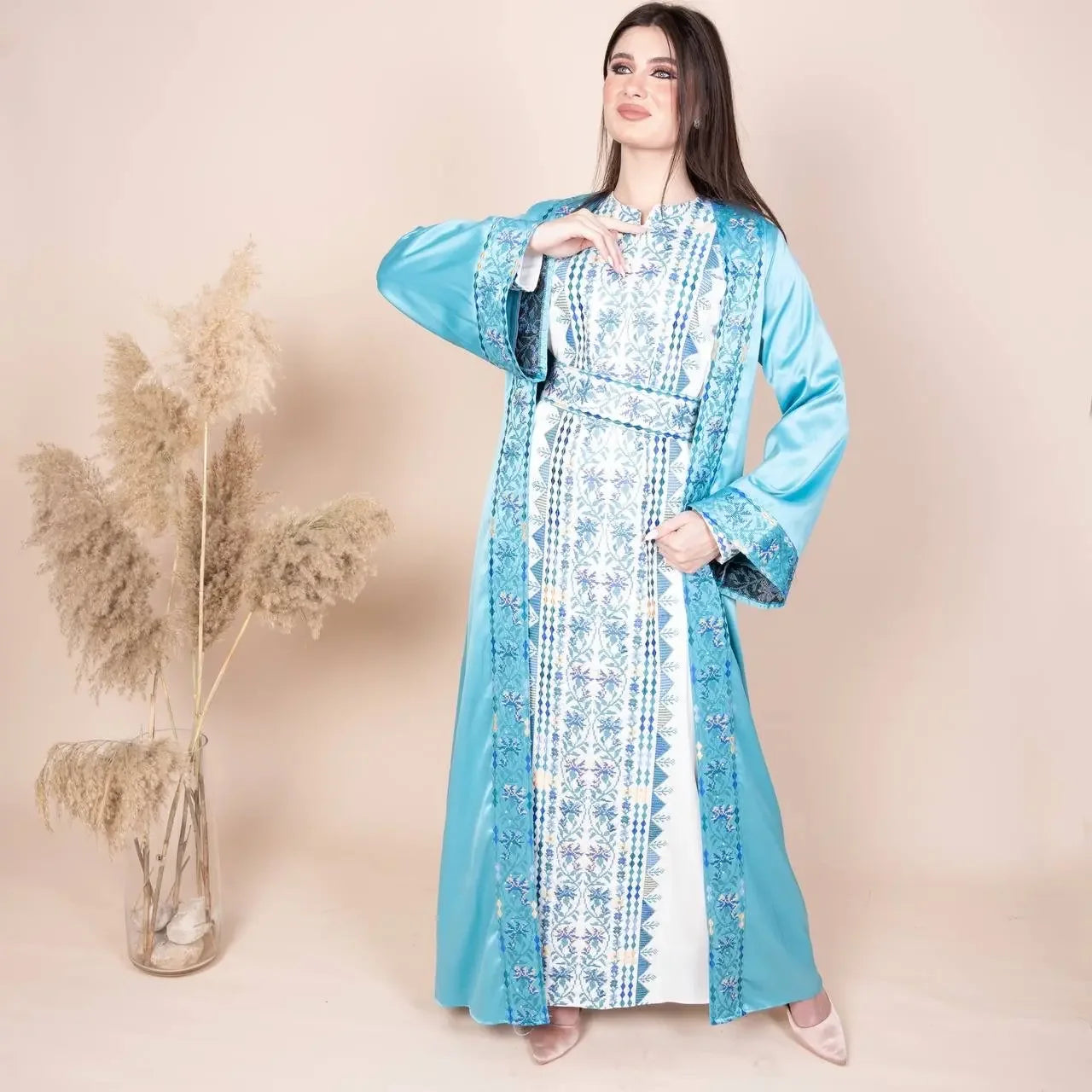 Embroidery Satin Kaftan: Luxurious Style and Unique Elegance Palestinian Elegance