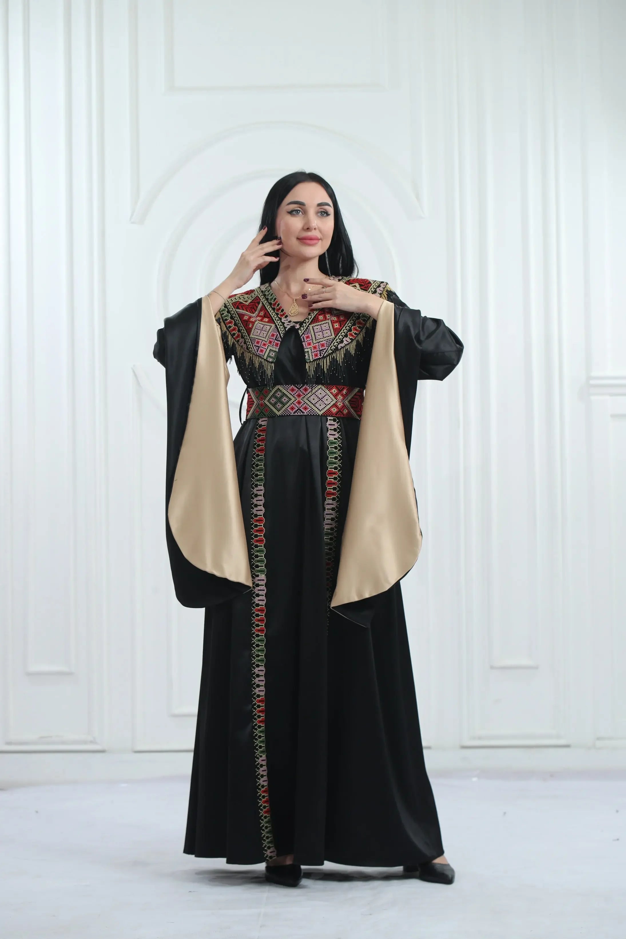 Embroidered Satin Dress With handmade Beads Palestinian Elegance