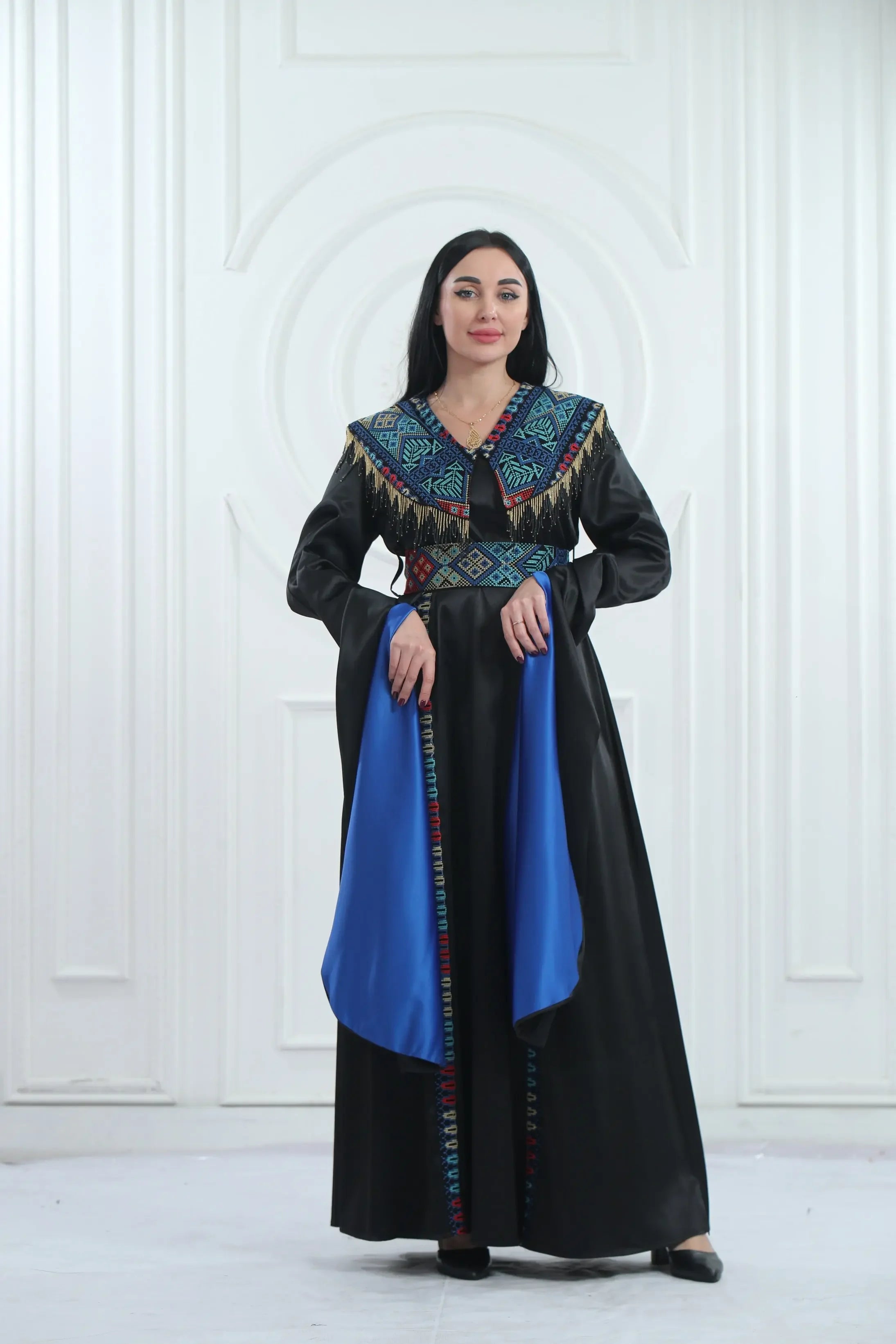 Embroidered Satin Dress With handmade Beads Palestinian Elegance