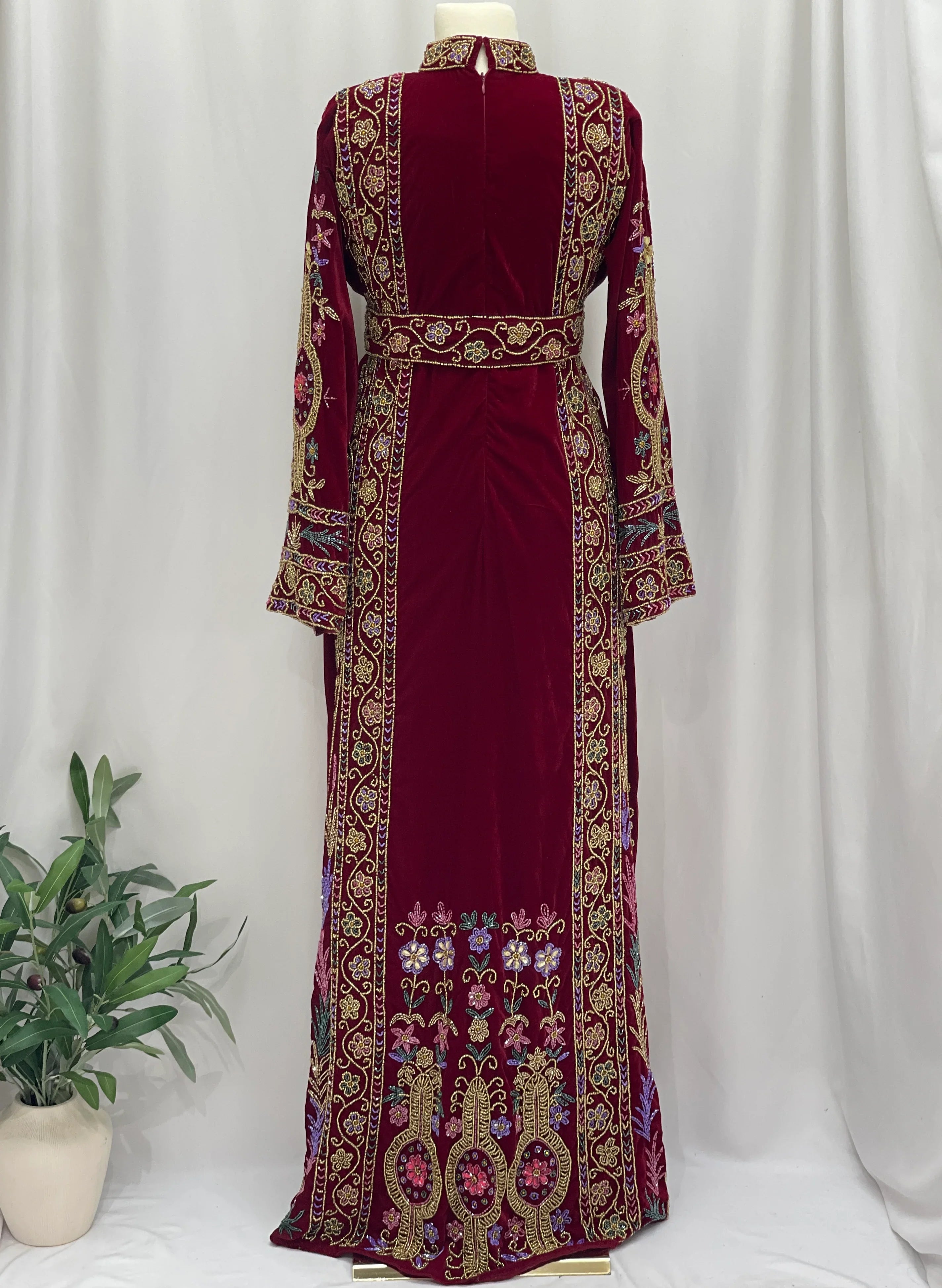 Maroon Beaded Velvet Thobe - Palestinian Elegance