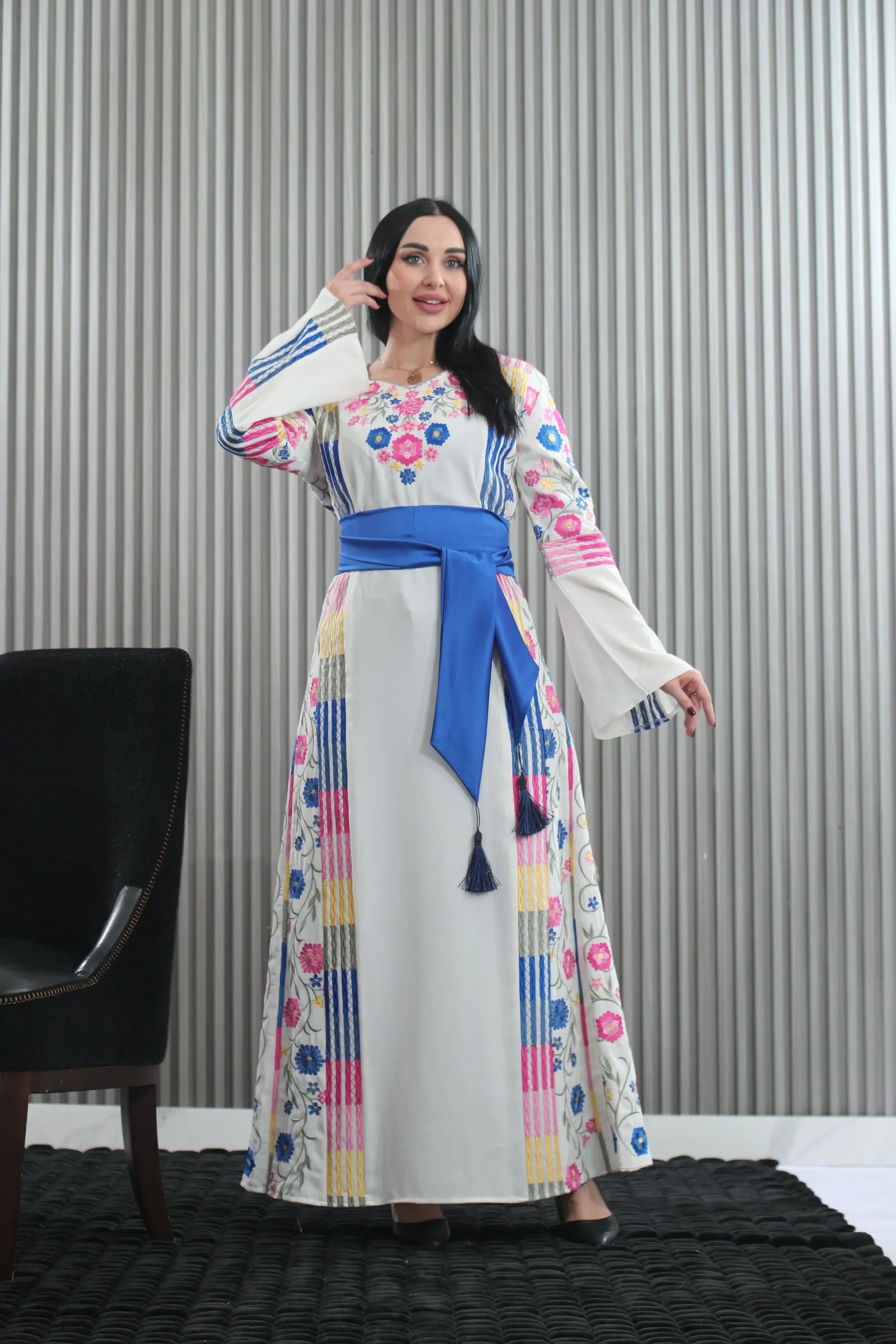 Embroidered White Multicolored Thoub Palestinian Elegance