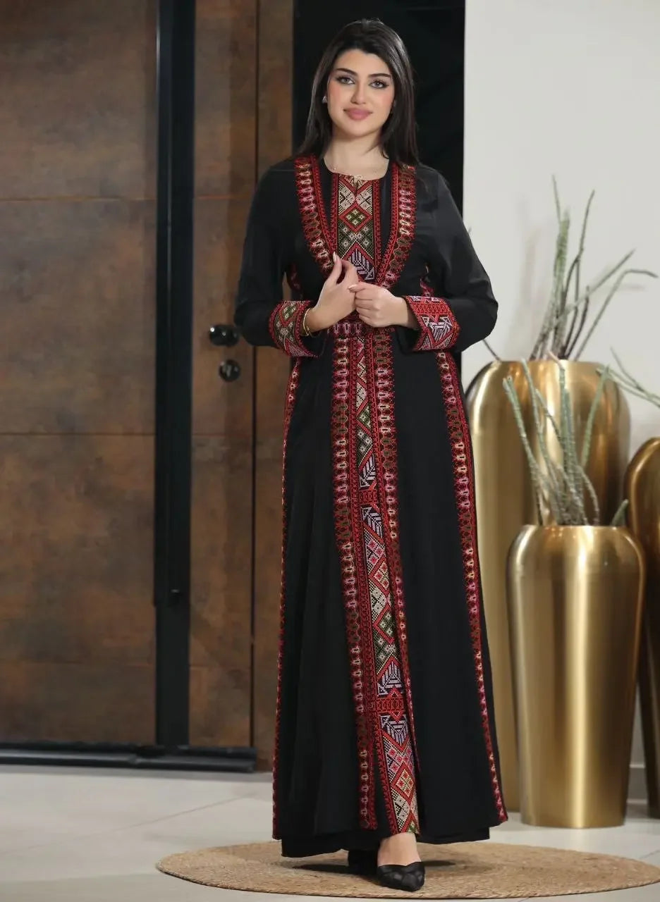 Palestinian Elegance embroidered abaya for women in black with red and colorful traditional stitching