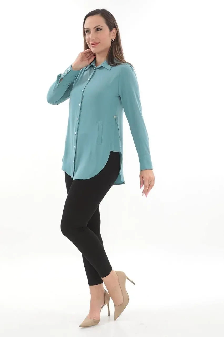 Casual embroidered blouse for women in teal with long sleeves and button-down front by Palestinian Elegance