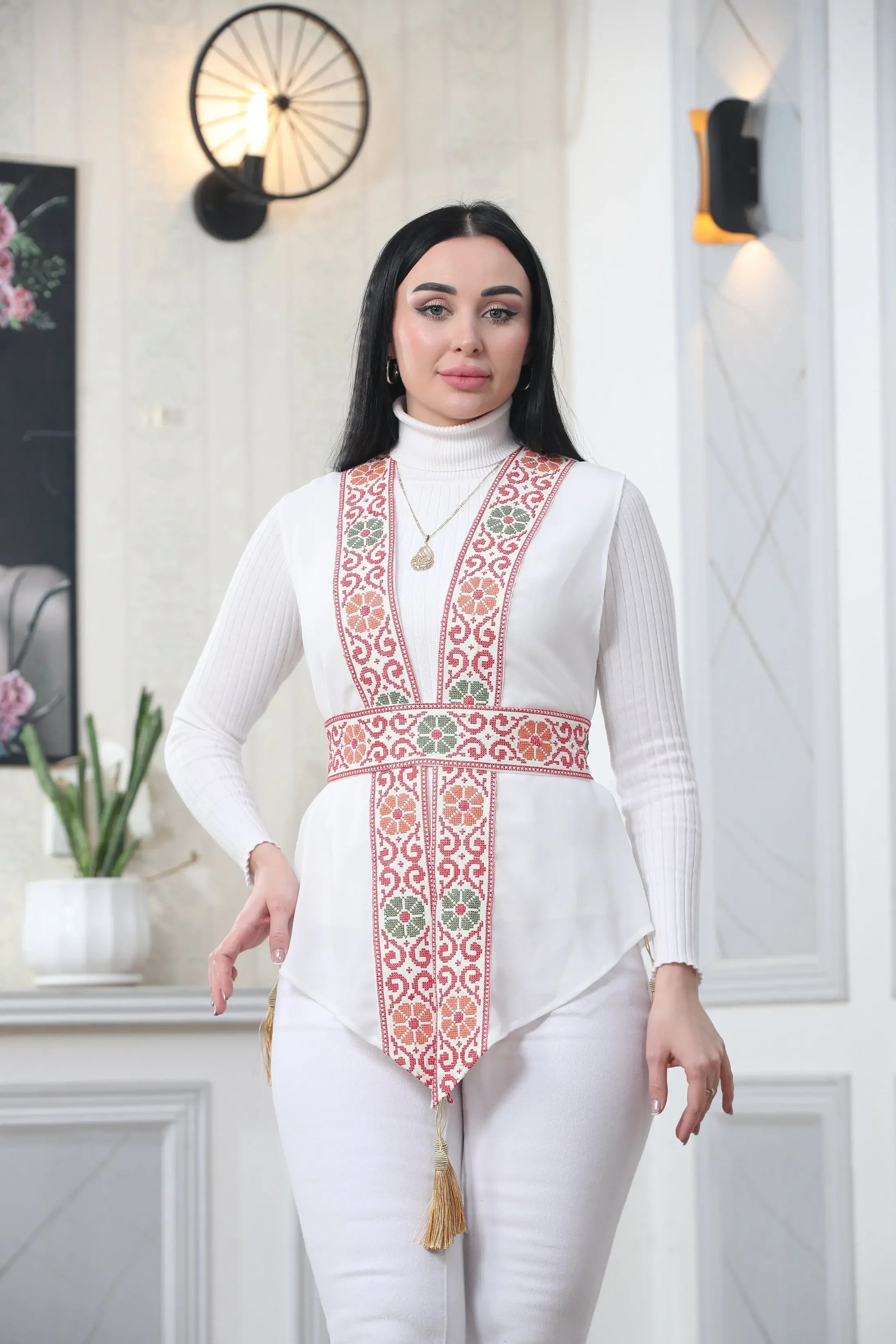 White Chiffon Vest Colorful Embroidered Palestinian Elegance