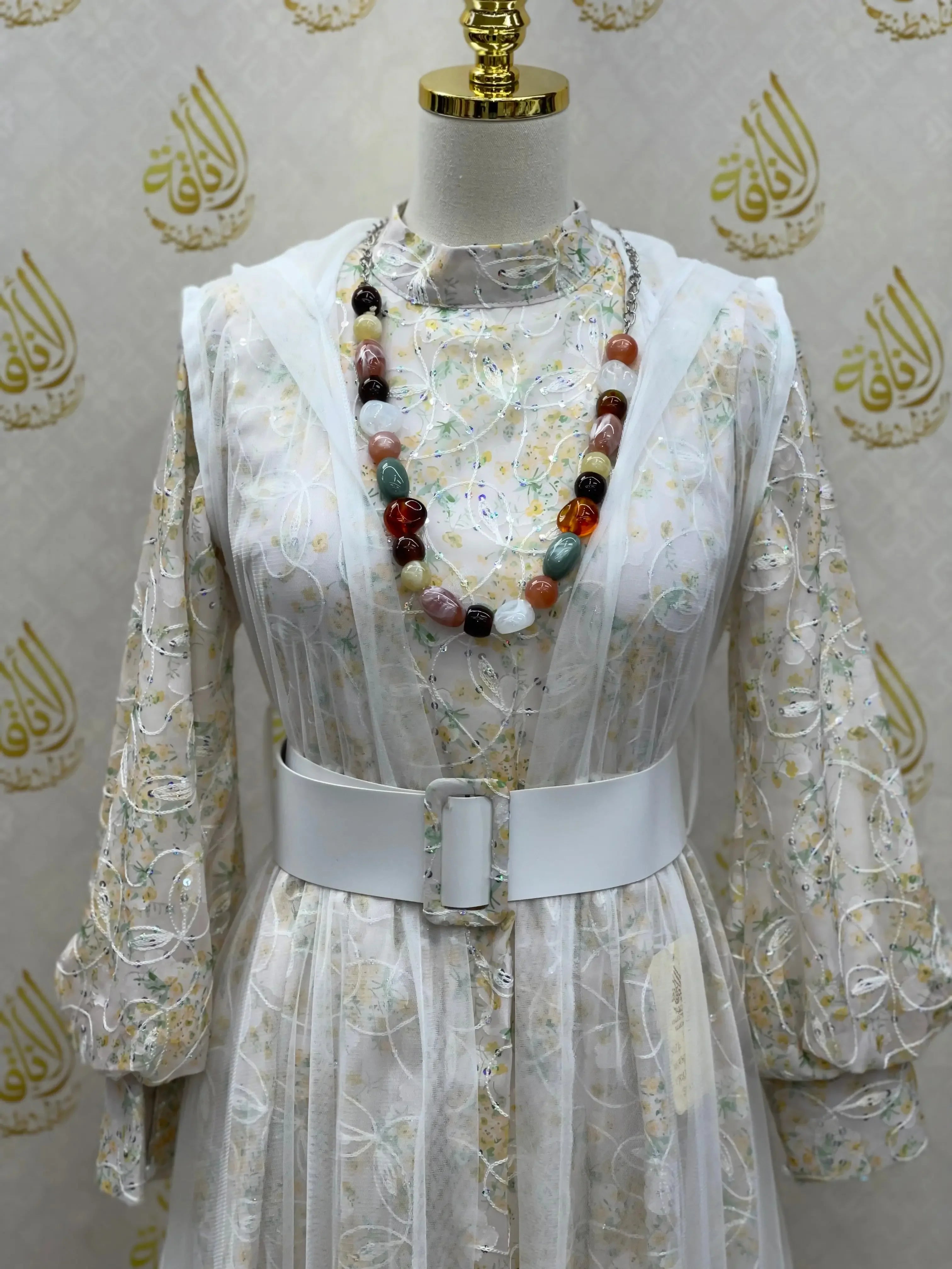 Floral Embroidered Mesh Overlay Dress with Beads: Enchanting Elegance and Grace Palestinian Elegance