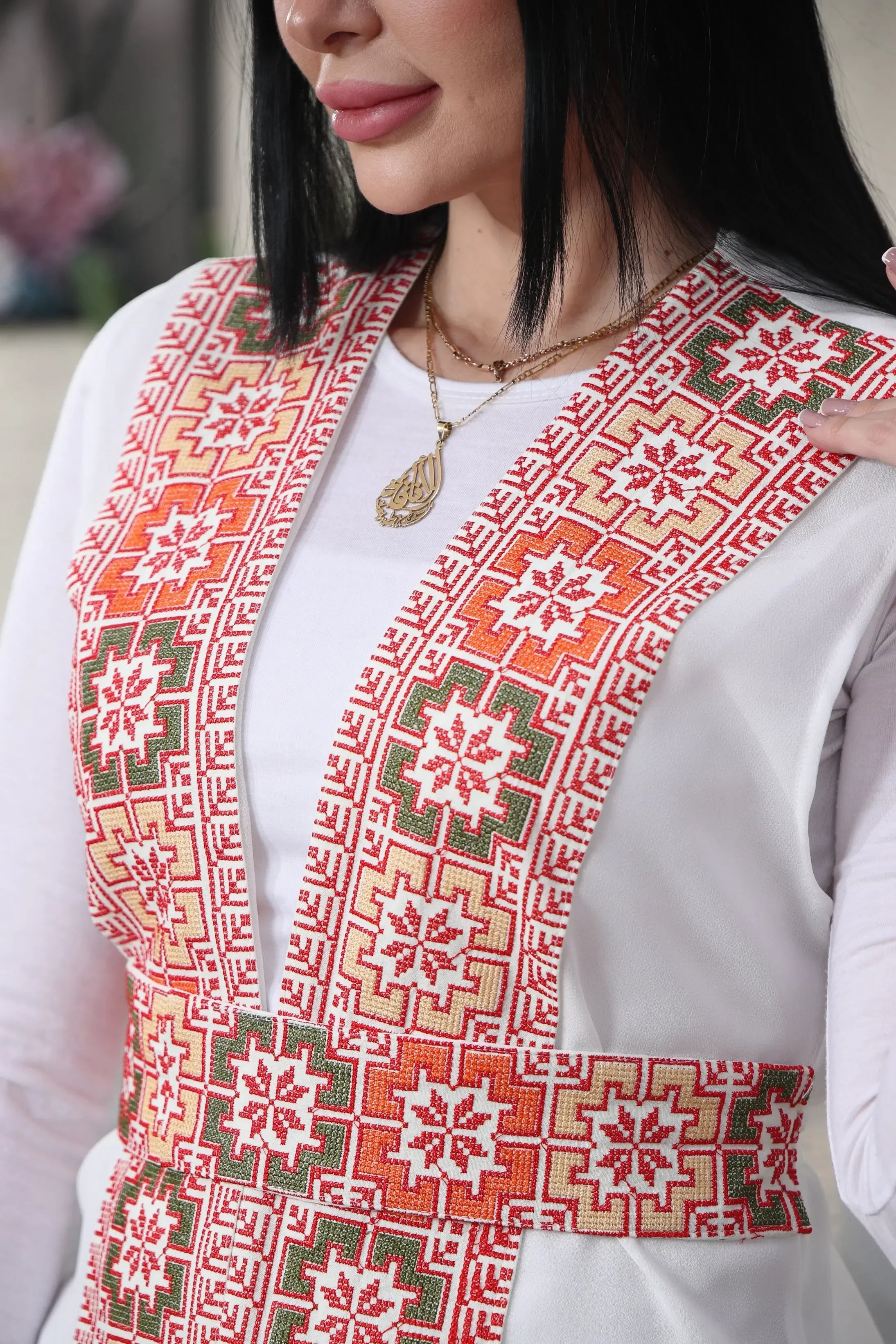 White Chiffon Vest Colorful Embroidered Palestinian Elegance