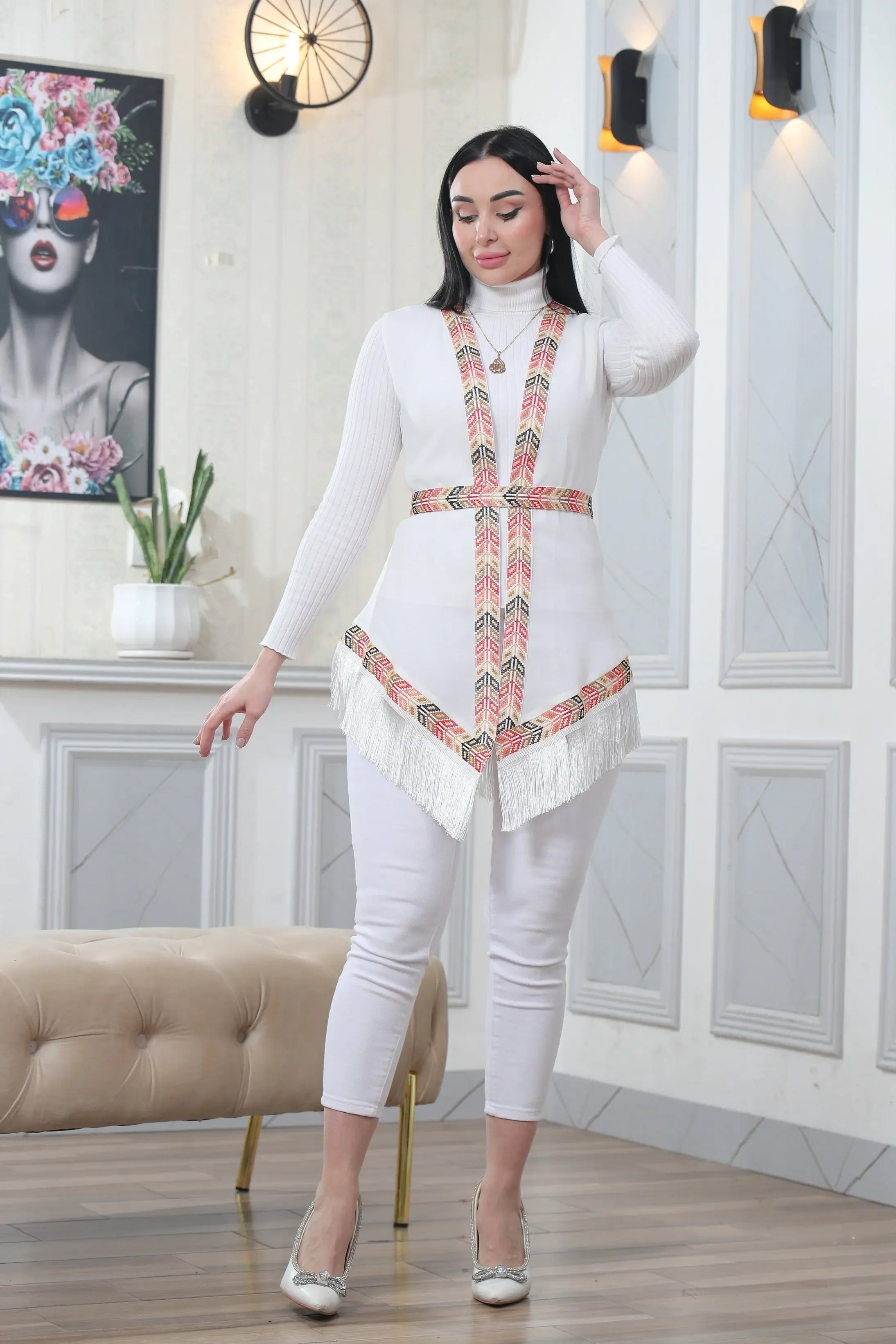 White Embroidered Chiffon Vest Palestinian Elegance