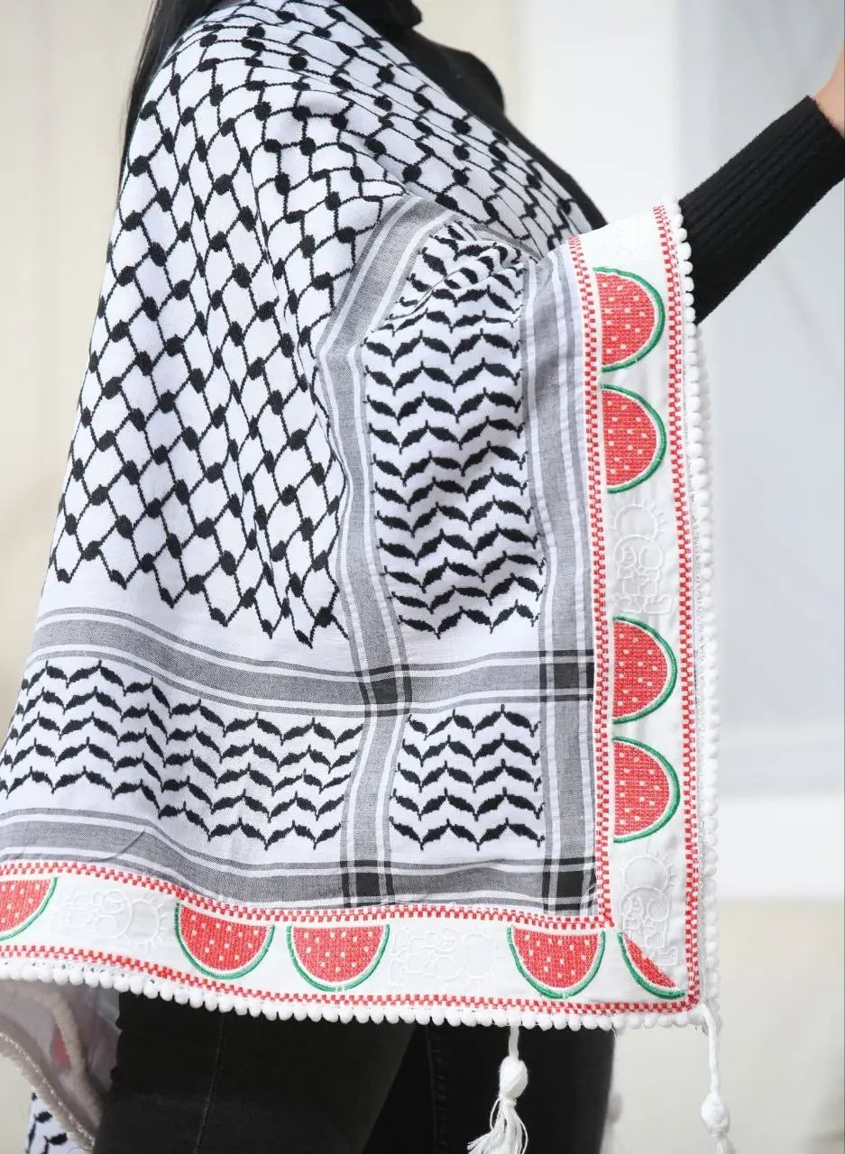 Hanzala & Watermelon Embroidered Kuffiyeh: Elegance and Cultural Charm Palestinian Elegance