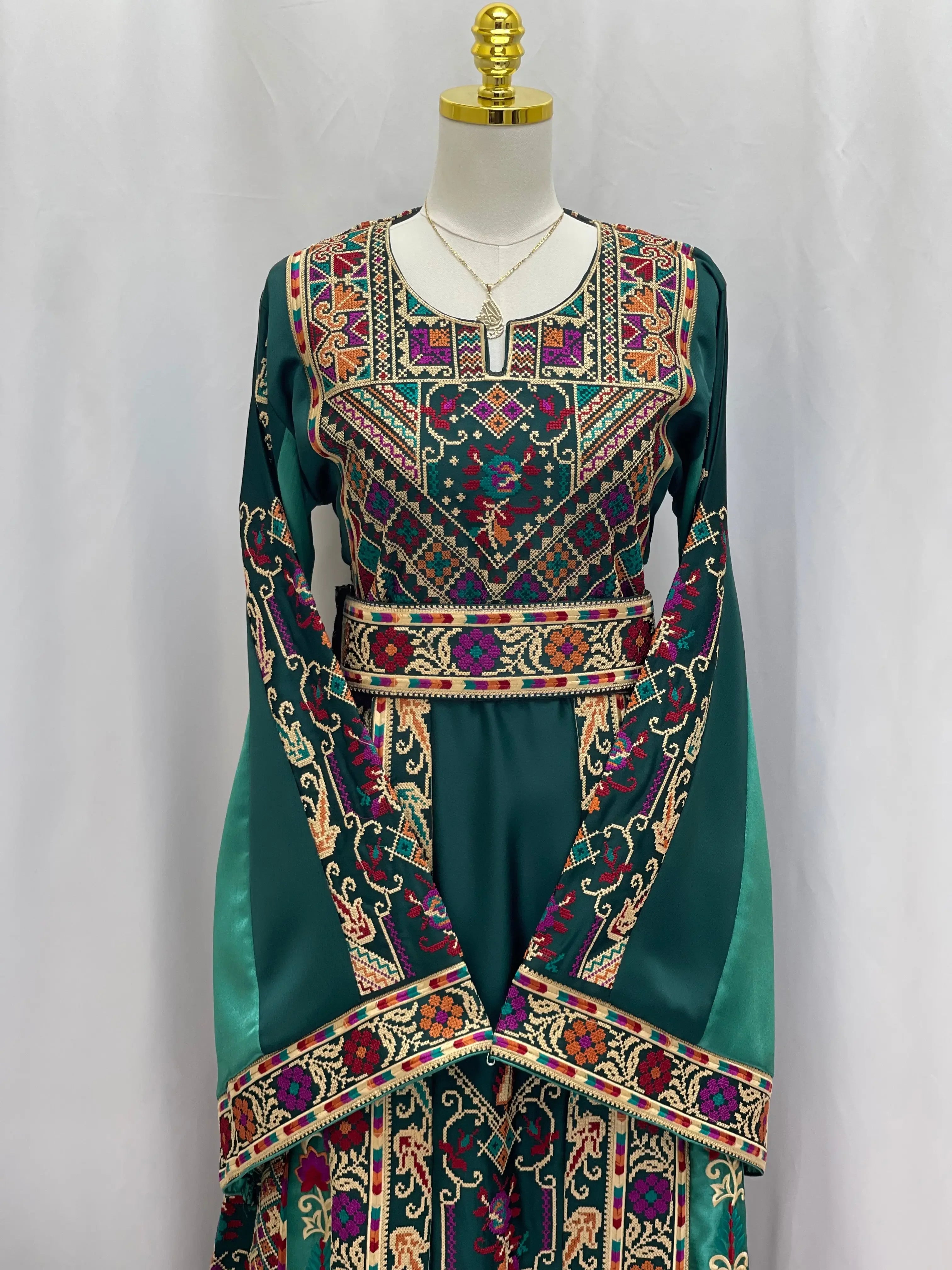 Distinctive Elegance: Unique Green Satin Silk Embroidered Thoub Palestinian Elegance