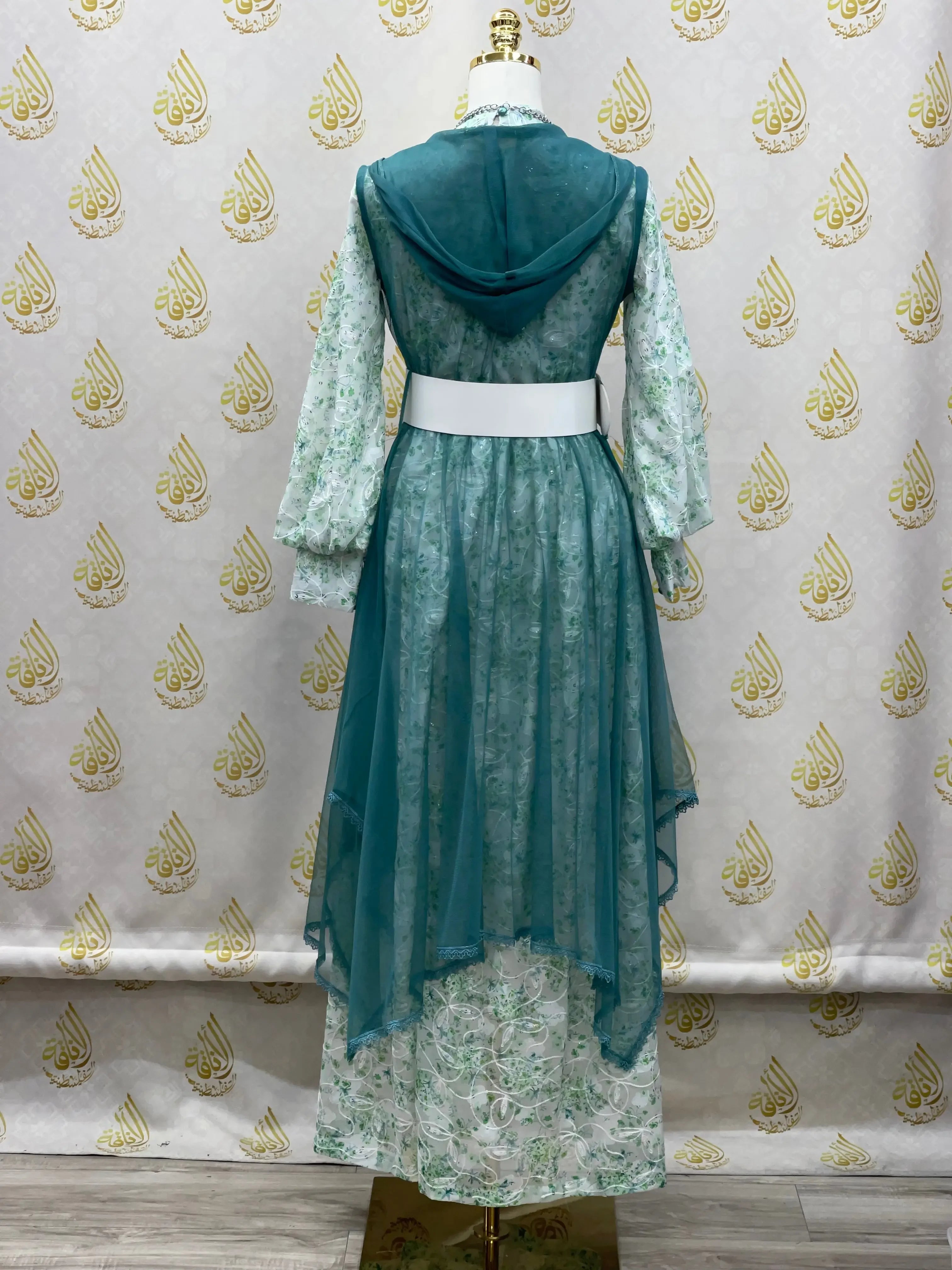 Floral Embroidered Mesh Overlay Dress with Beads: Enchanting Elegance and Grace Palestinian Elegance