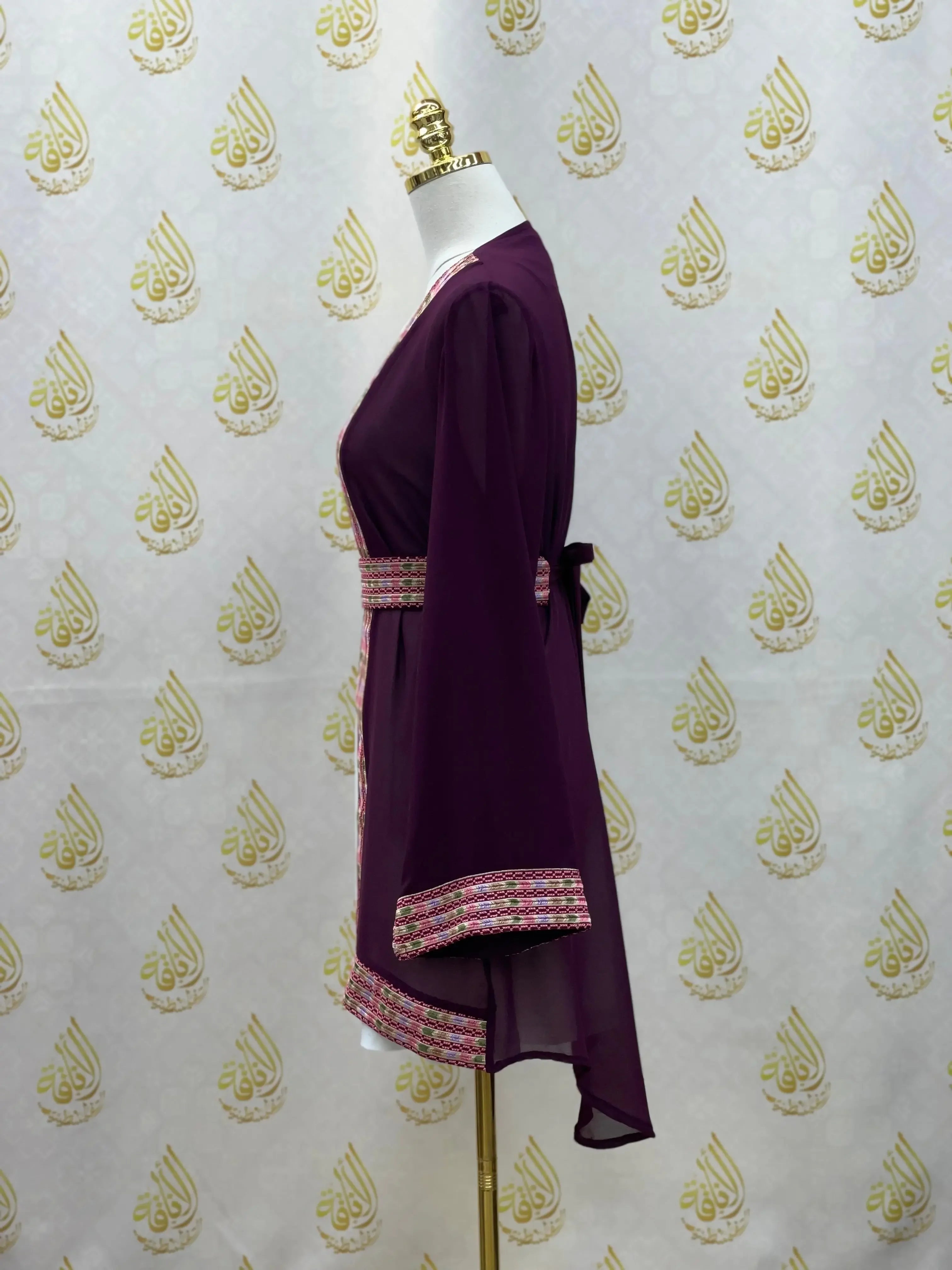 Palestinian Elegance purple embroidered chiffon kimono cardigan with detailed trim on sleeves and waist