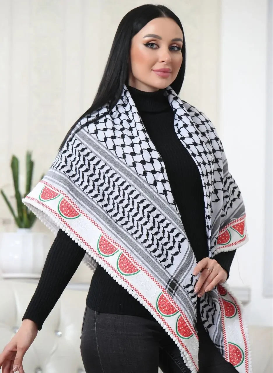 Hanzala & Watermelon Embroidered Kuffiyeh: Elegance and Cultural Charm Palestinian Elegance