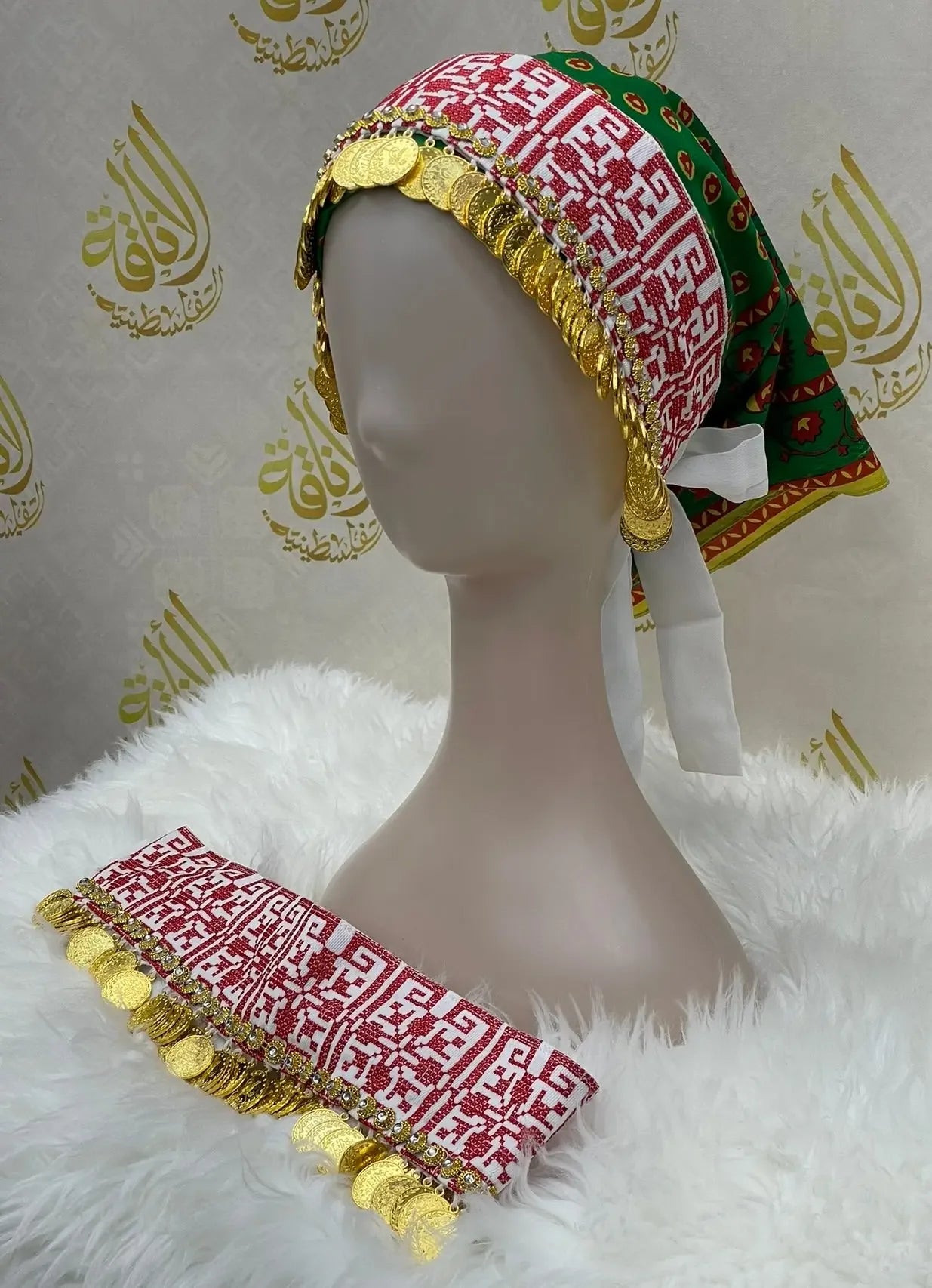 Palestinian Elegance tatreez head scarf with beads featuring red and white embroidery and gold coin accents