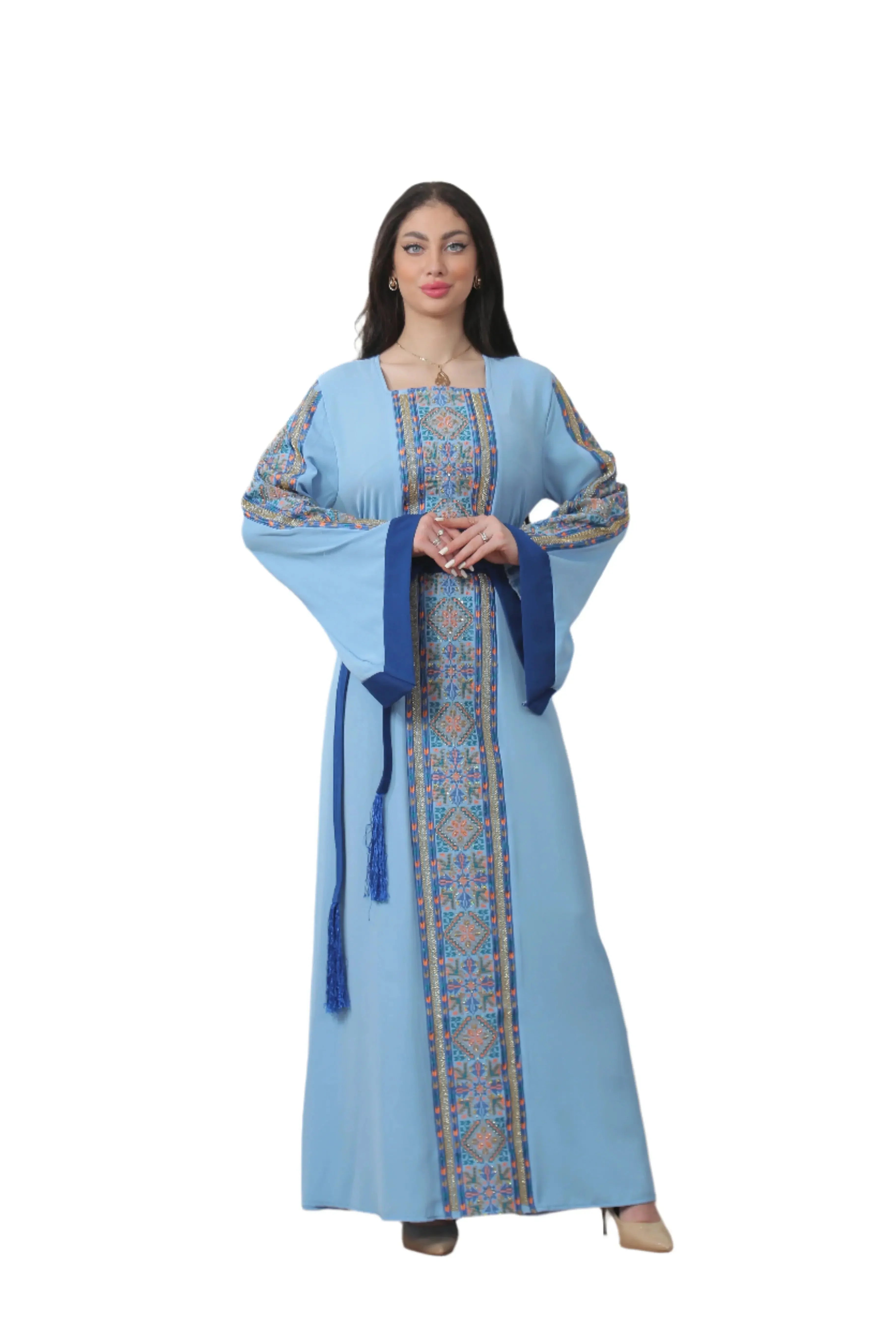 Palestinian Elegance Baby Blue Unique Embroidered Thoub with detailed traditional embroidery and wide sleeves