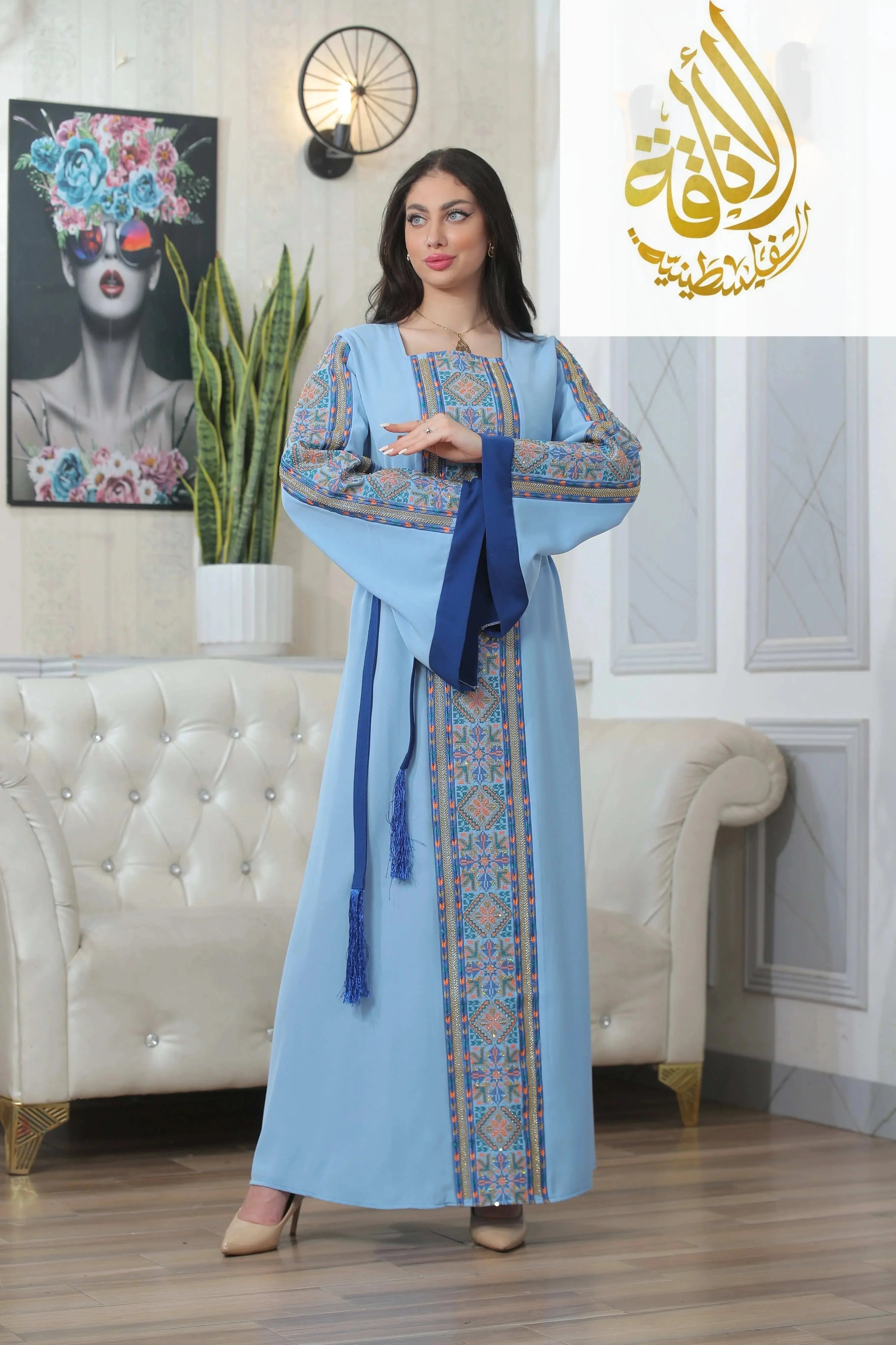 Palestinian Elegance baby blue unique embroidered thoub with traditional embroidery and blue tassel belt