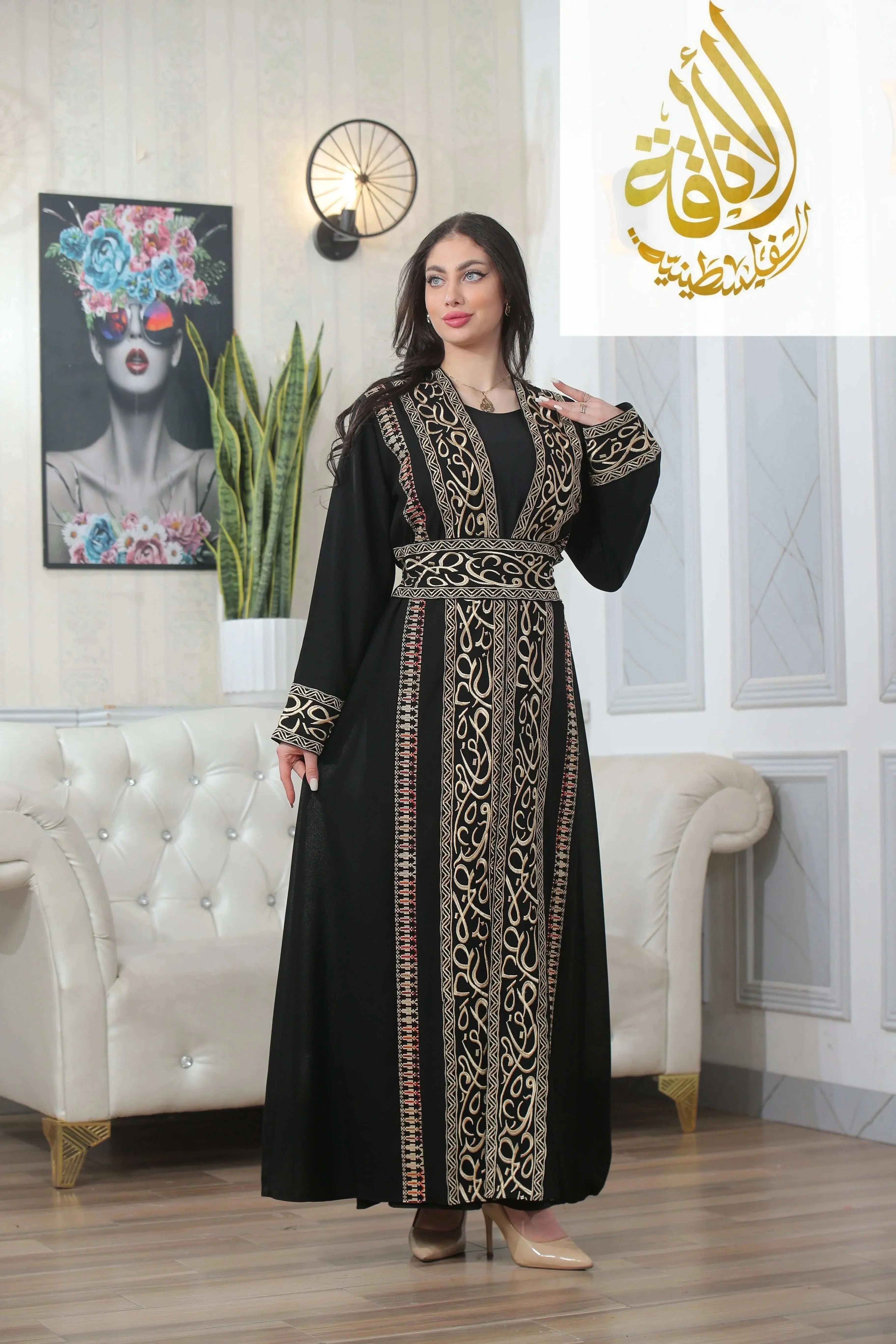 Palestinian Elegance black thoub featuring Basma Arabic letters with heritage embroidery Bisht design