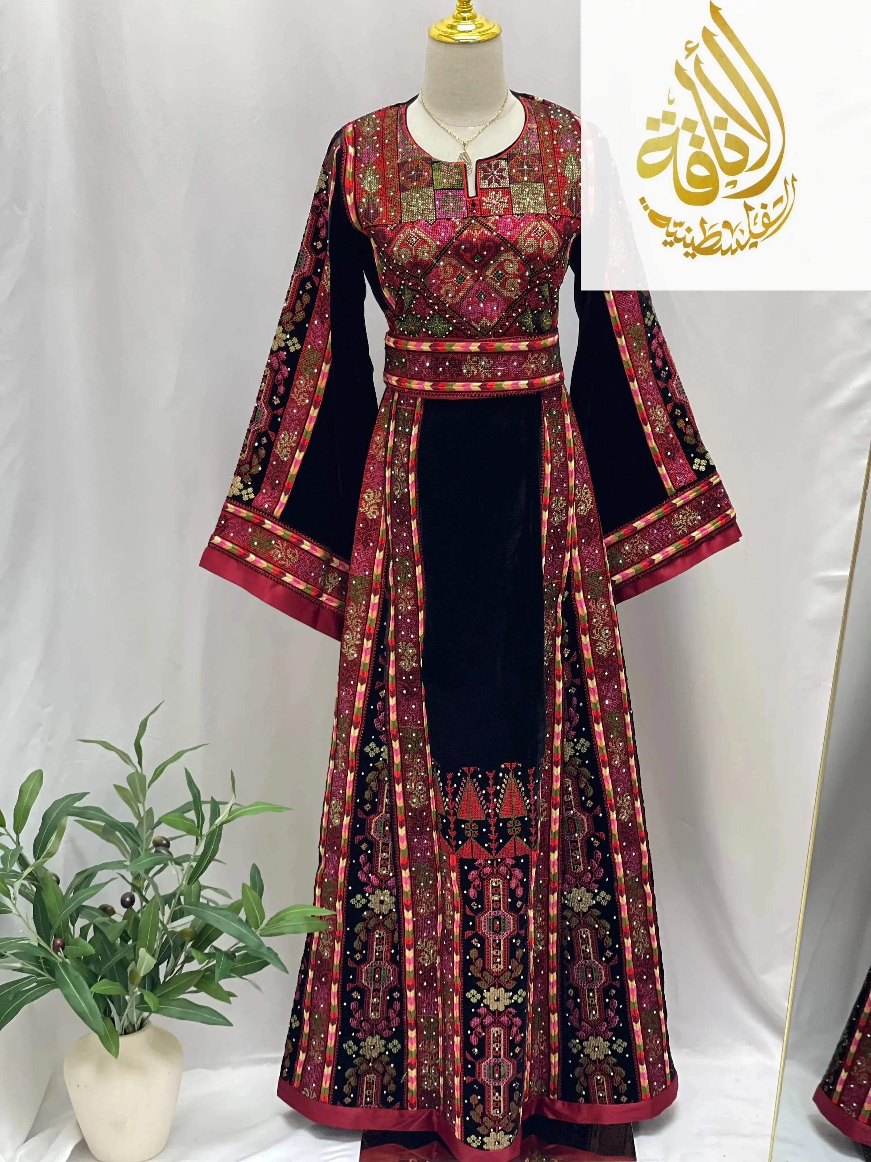 Black Embroidered Velvet Thoub with Matching Belt Palestinian Elegance