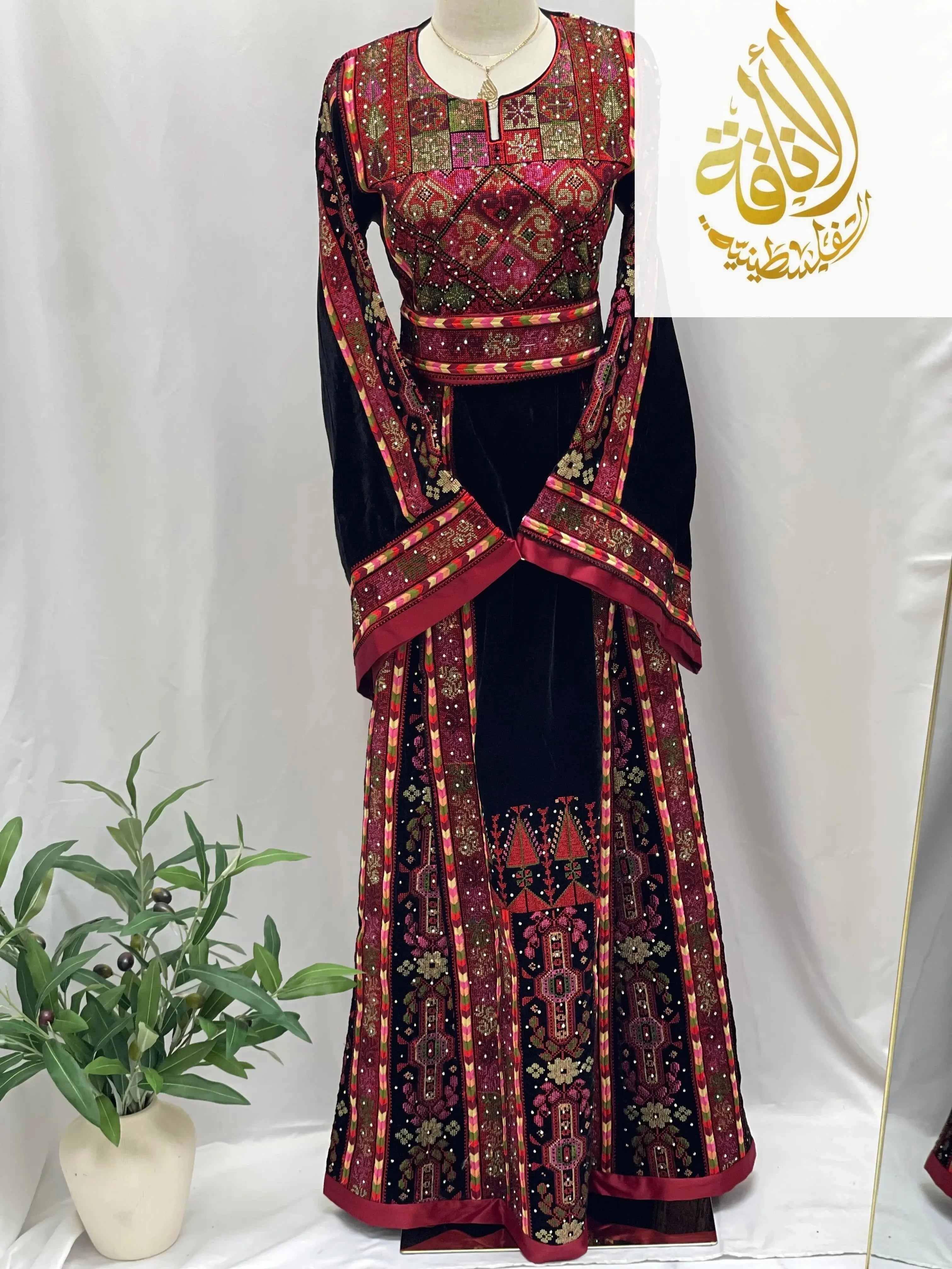 Black Embroidered Velvet Thoub with Matching Belt Palestinian Elegance