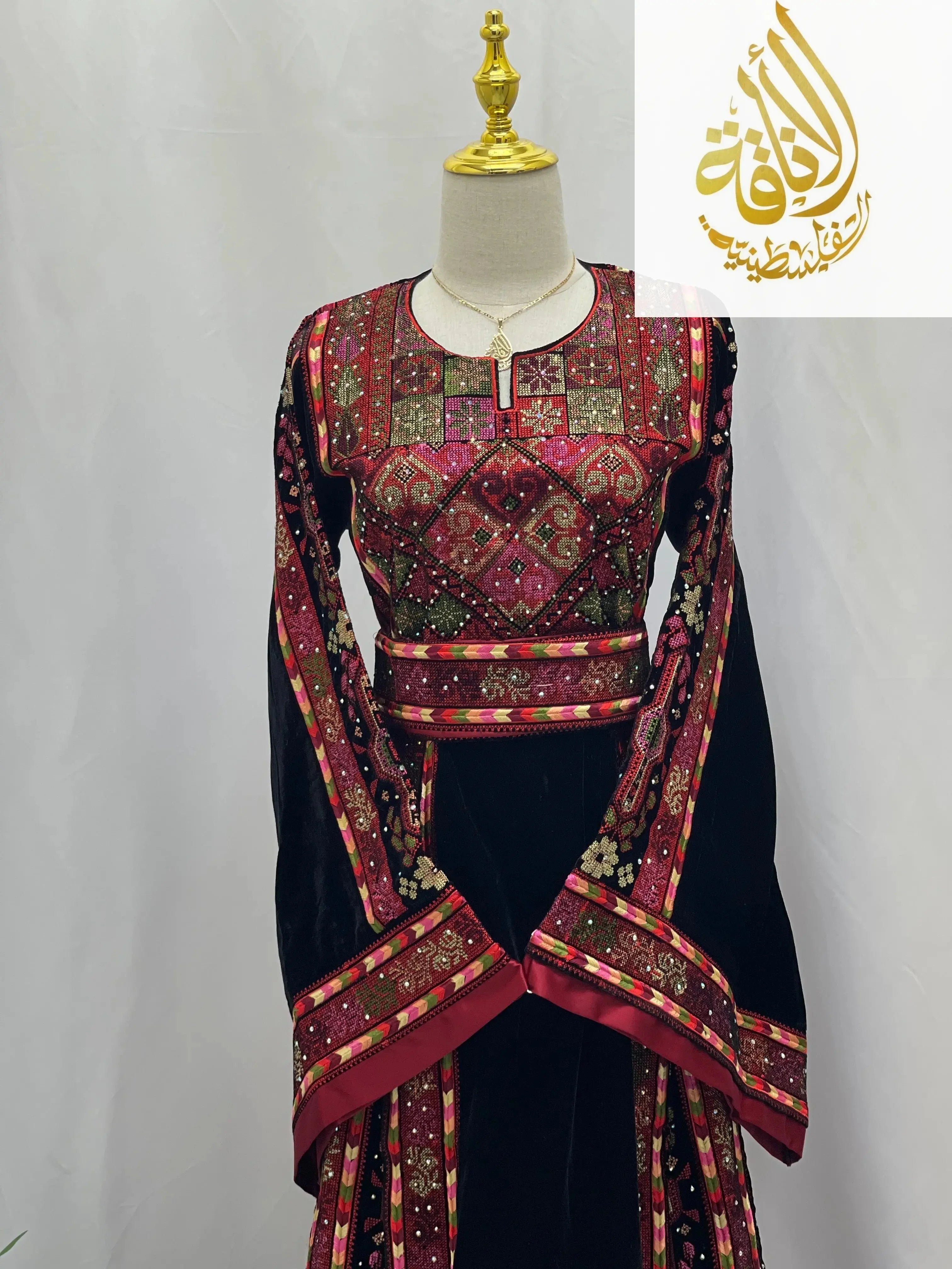 Black Embroidered Velvet Thoub with Matching Belt Palestinian Elegance