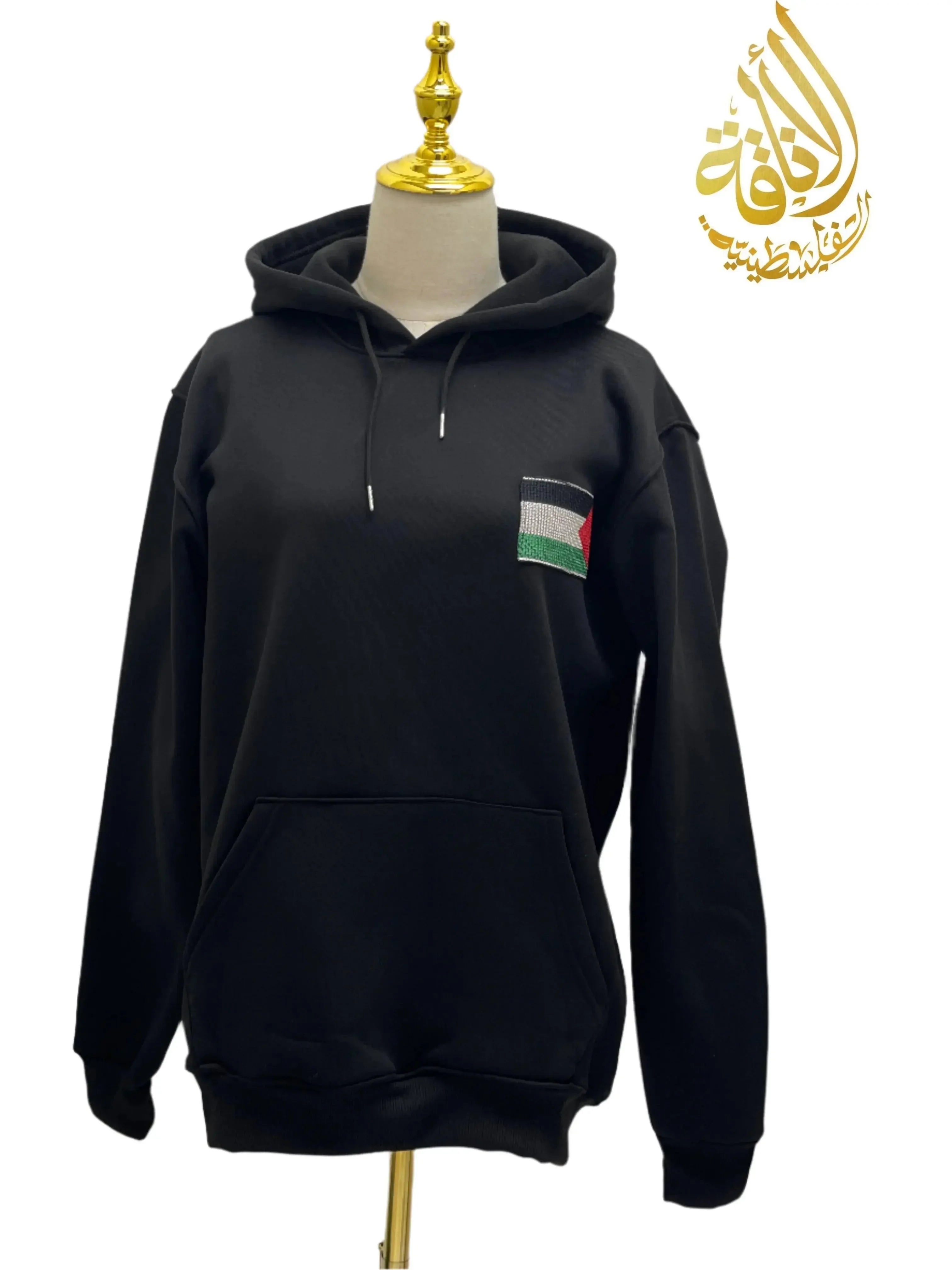 Black Hoodie with Embroidered Palestinian Flag Design Palestinian Elegance
