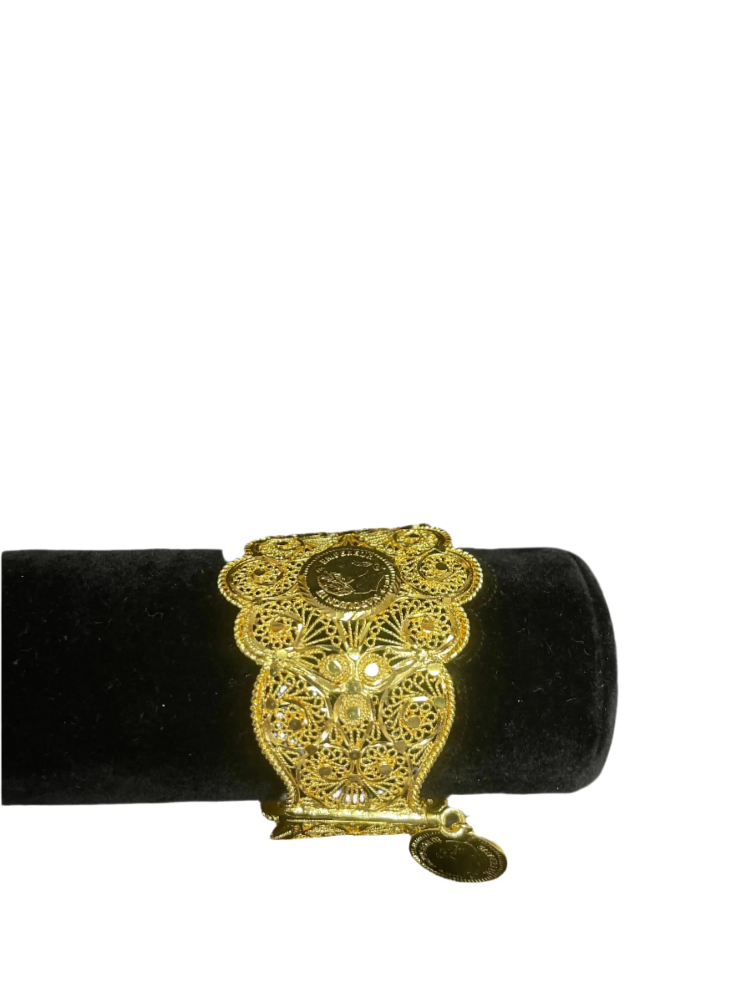 Bold Lera Imitated Gold Cuff Bracelet with intricate filigree design by Palestinian Elegance