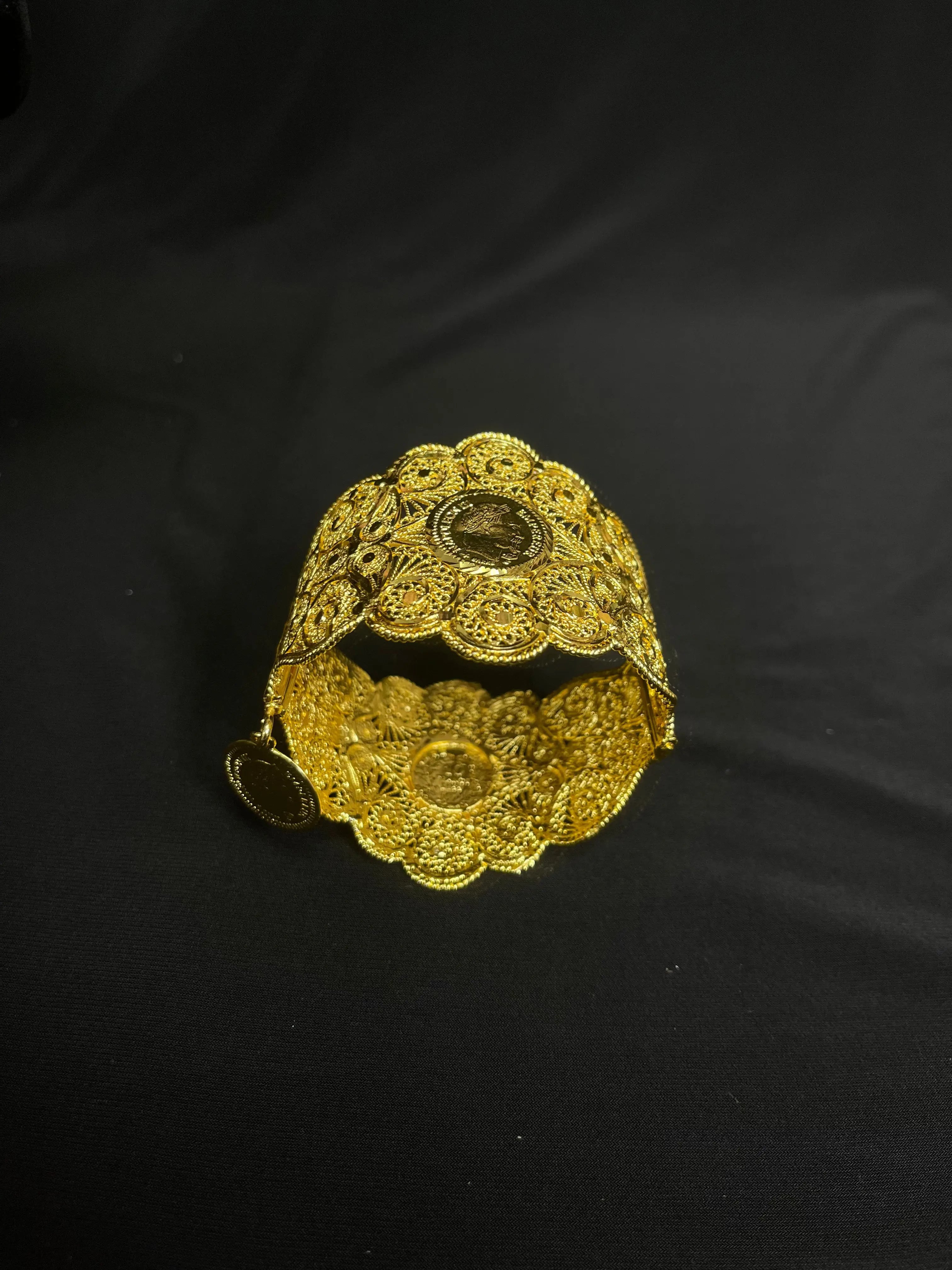 Bold Lera Imitated Gold Cuff Bracelet by Palestinian Elegance with intricate circular designs