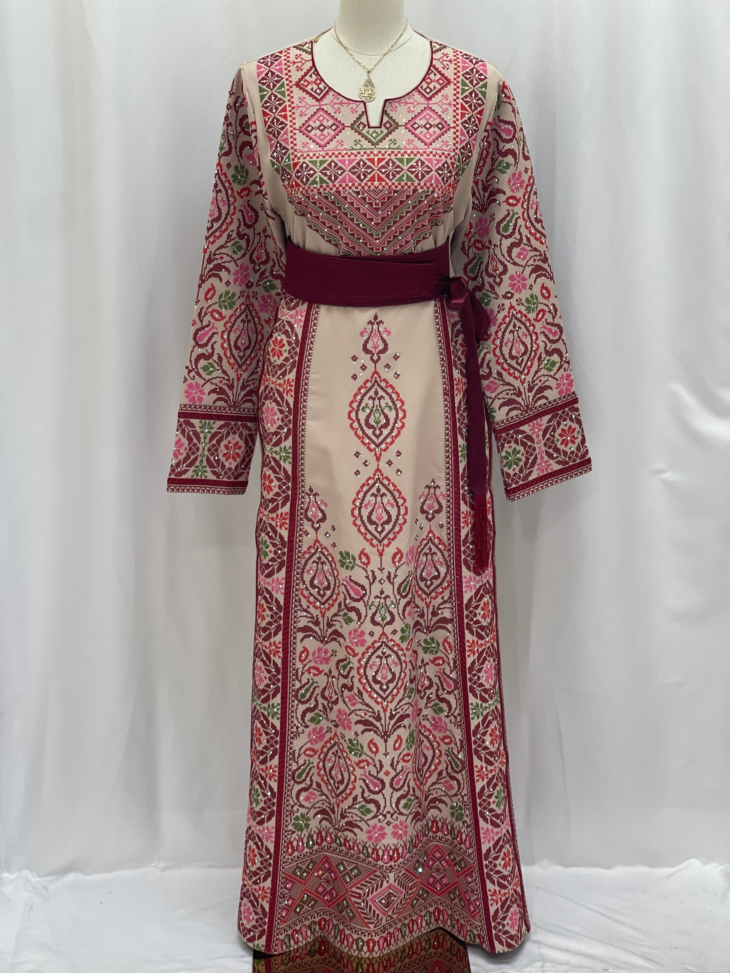 Elegant Bride of Roses Thobe with intricate embroidery and a stylish belt for special occasions