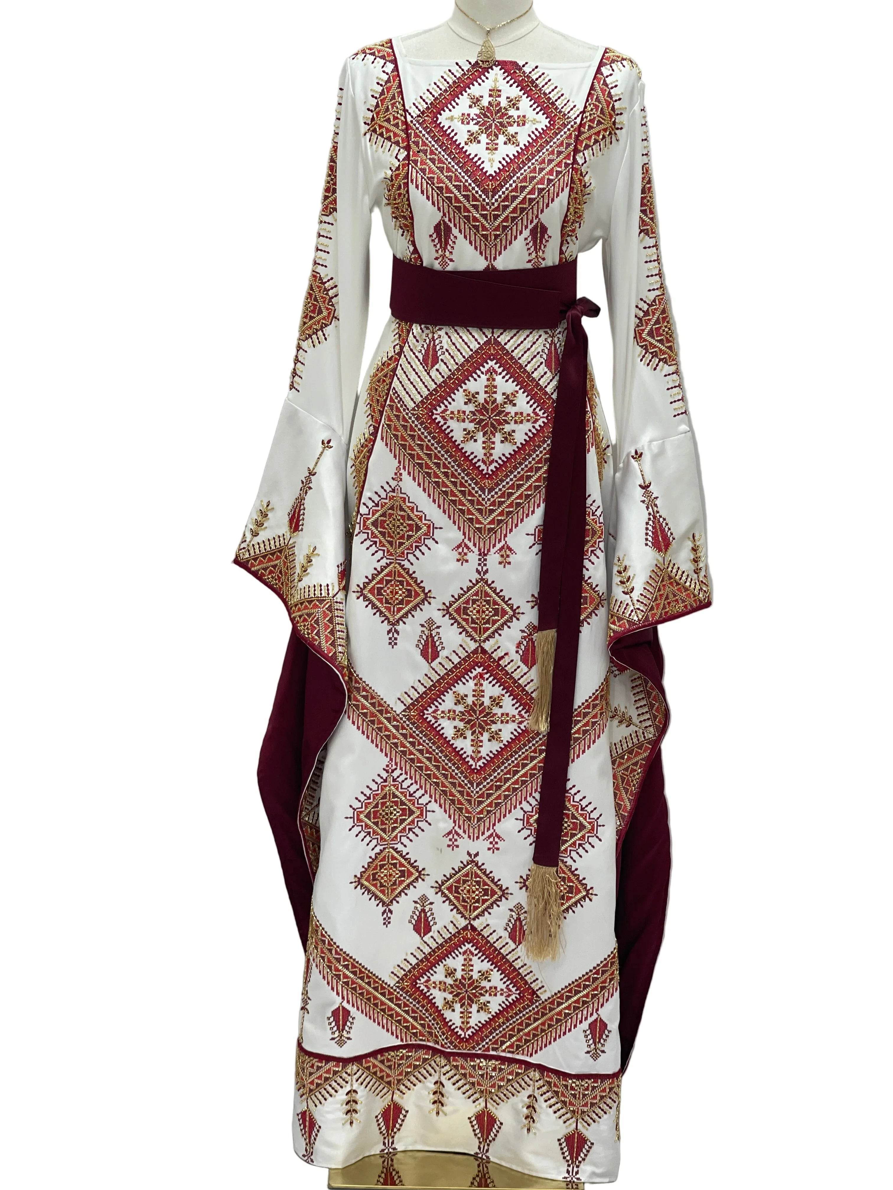 Palestinian Elegance Orient Modren Embroidered Dress white thobe with maroon geometric embroidery and sash belt