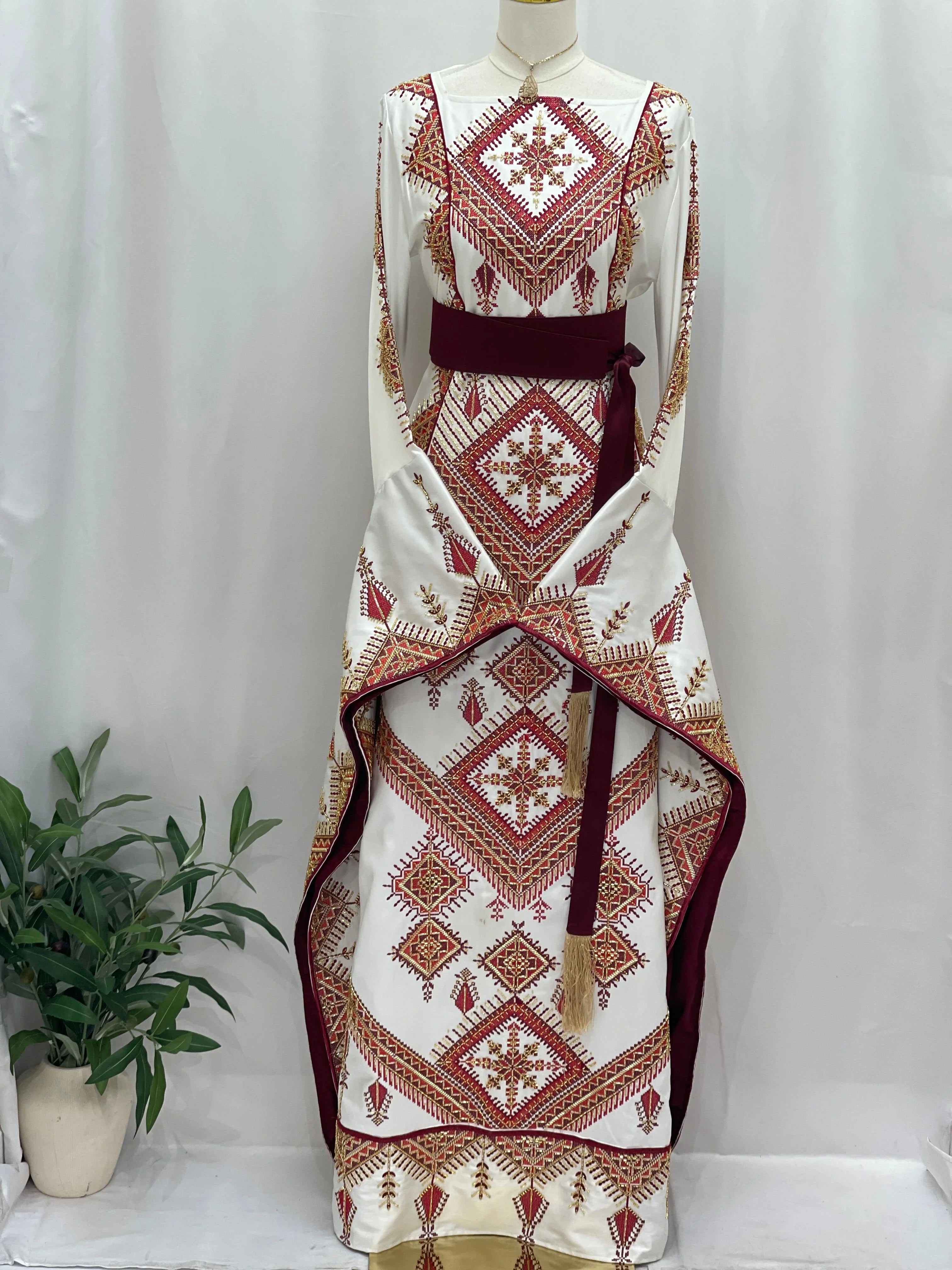 Palestinian Elegance Orient Modren Embroidered Dress white traditional thobe with red geometric embroidery and maroon sash