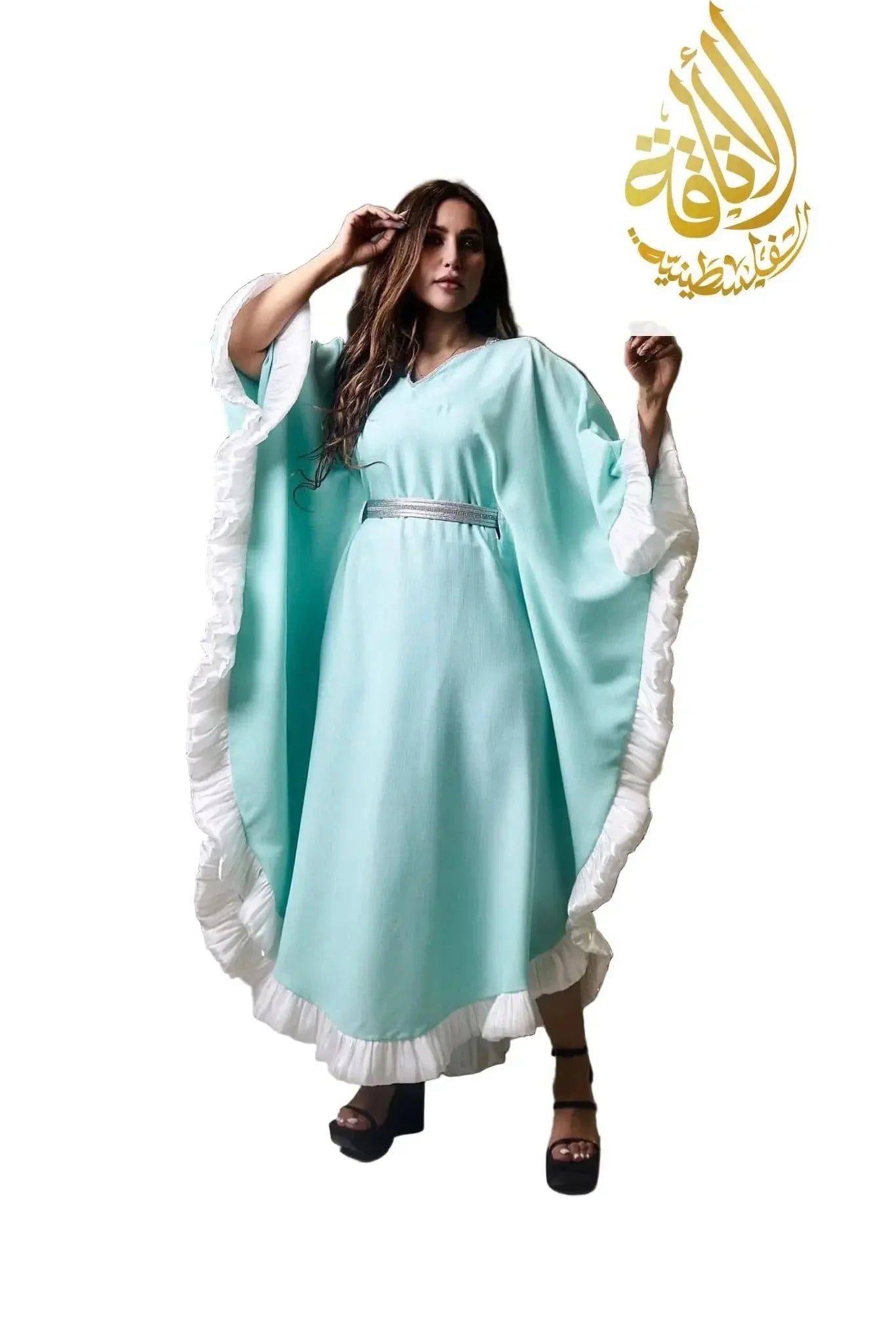 Palestinian Elegance Butterfly Abaya with Embroidery in light blue featuring white ruffle trim and flowing design