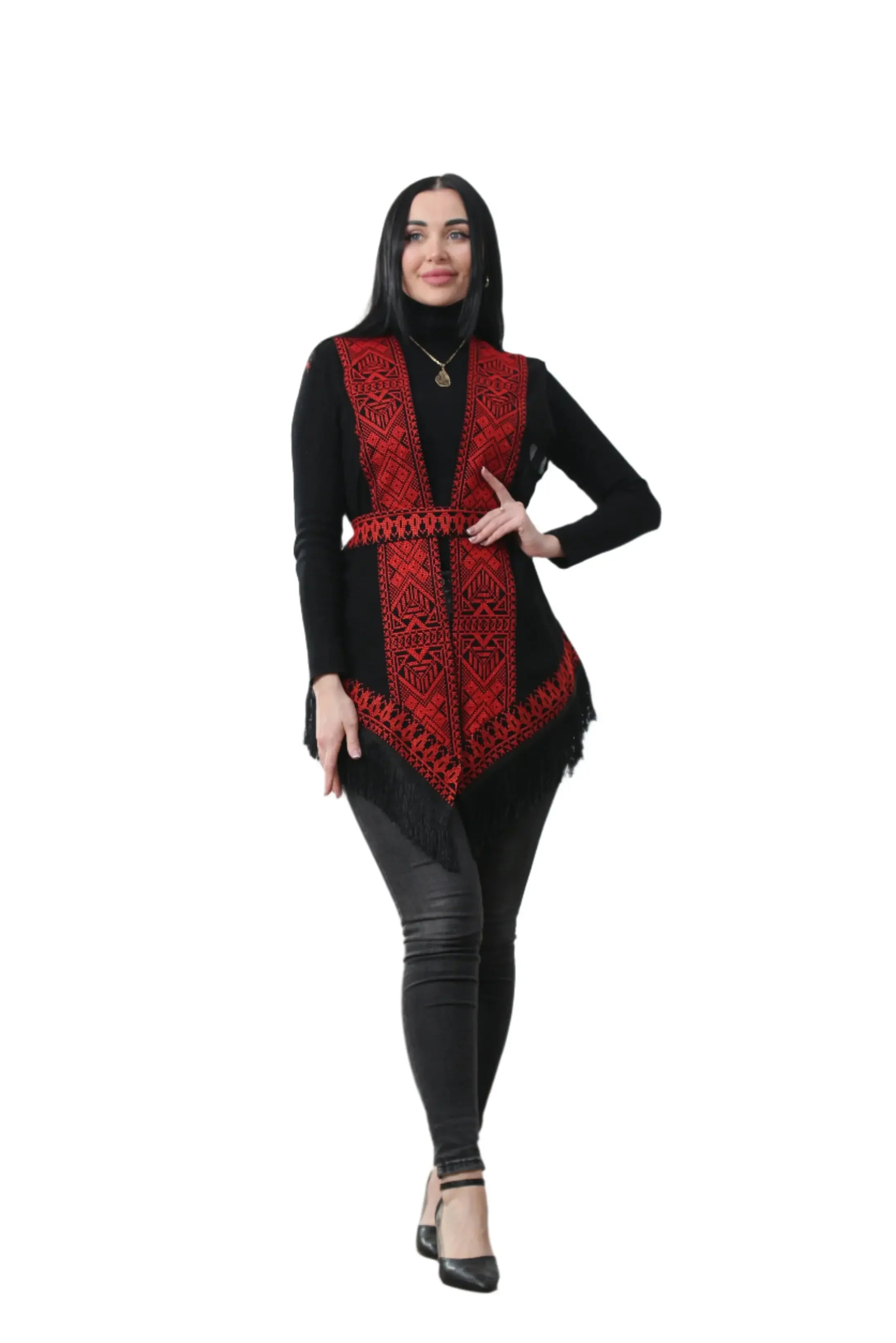 Embroidered Chiffon Vest With Tassels Palestinian Elegance
