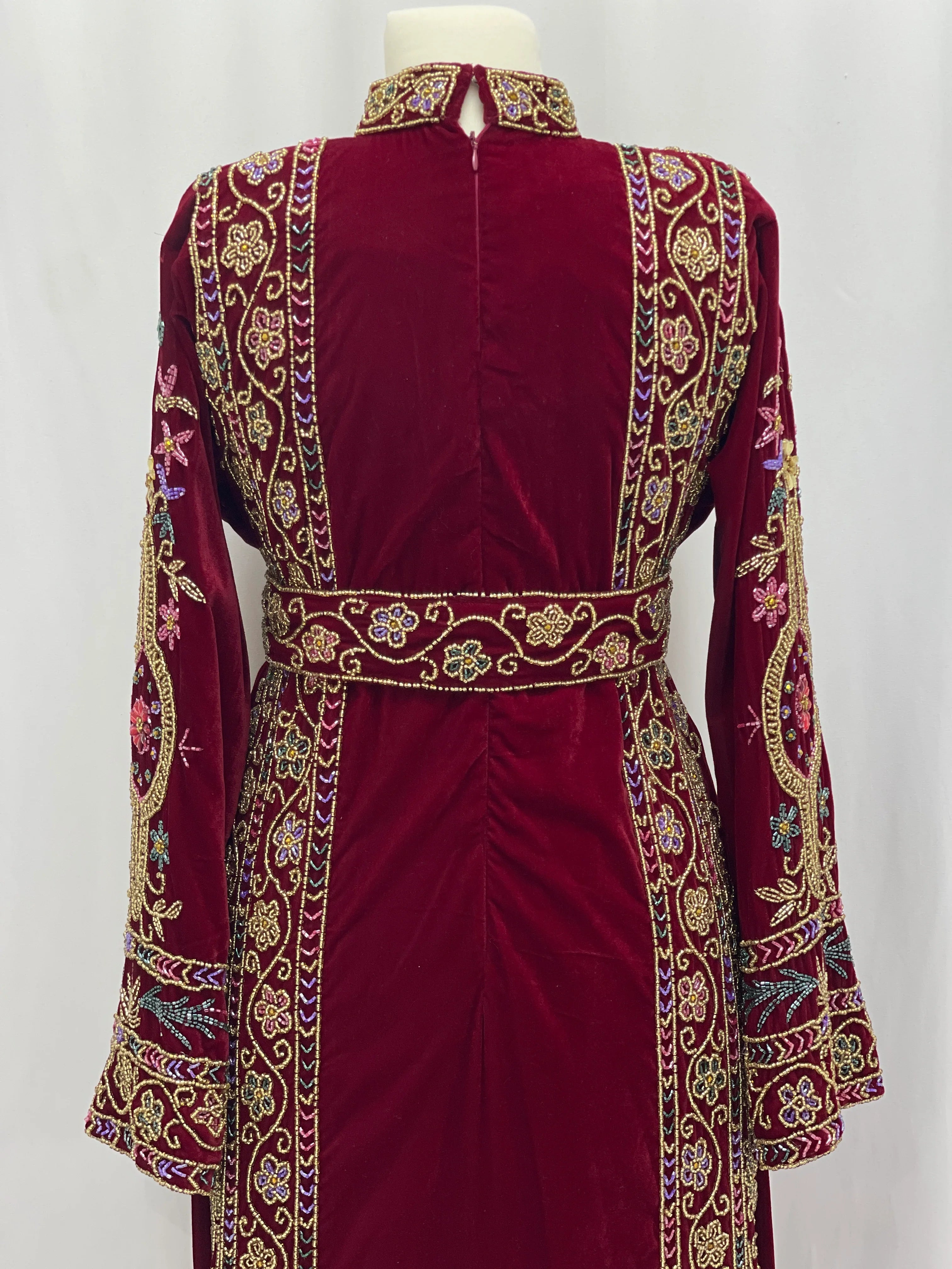 Maroon Beaded Velvet Thobe - Palestinian Elegance