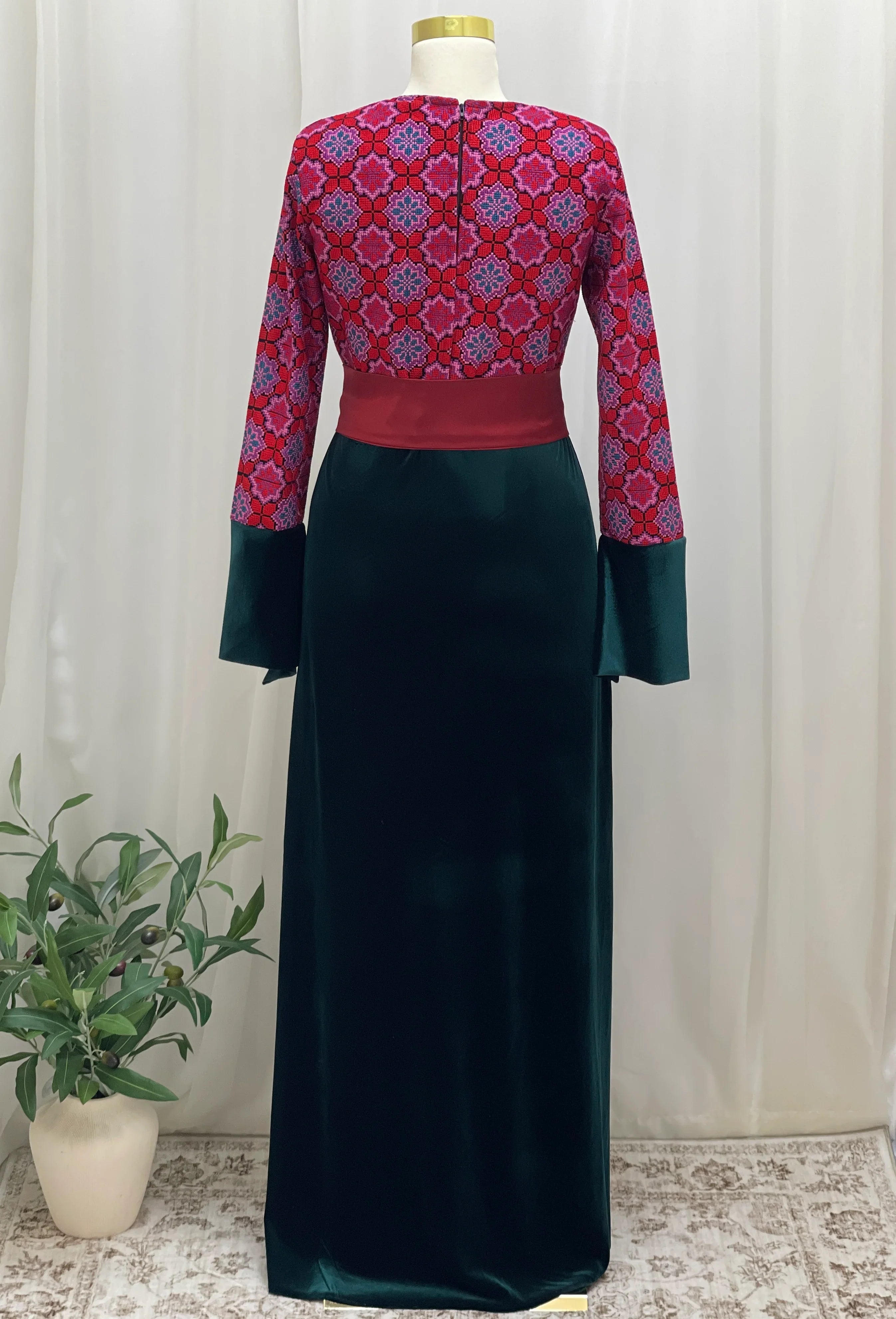 Embroidered Velvet Maxi Dress with Satin Belt