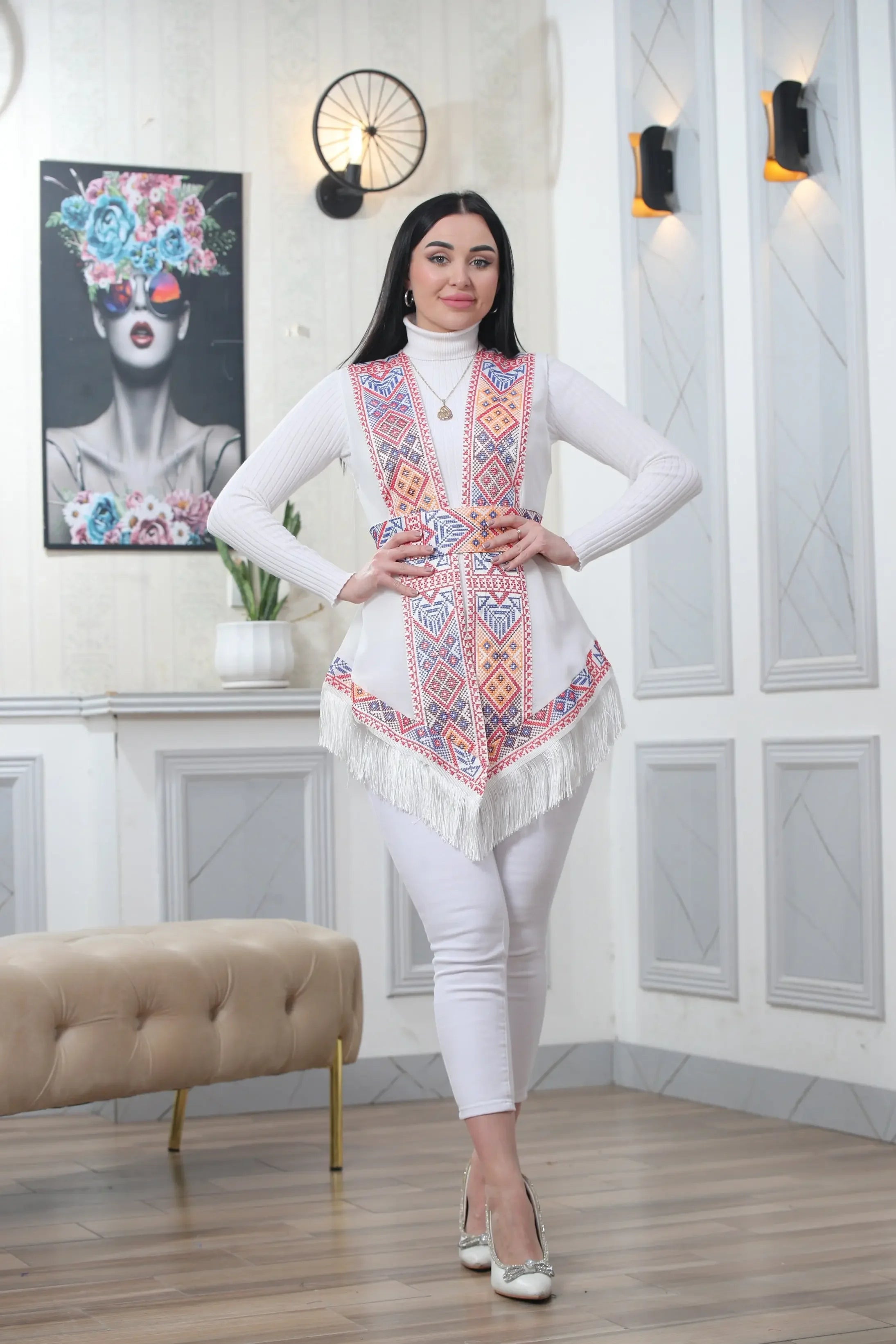 Embroidered Chiffon Vest With Tassels Palestinian Elegance