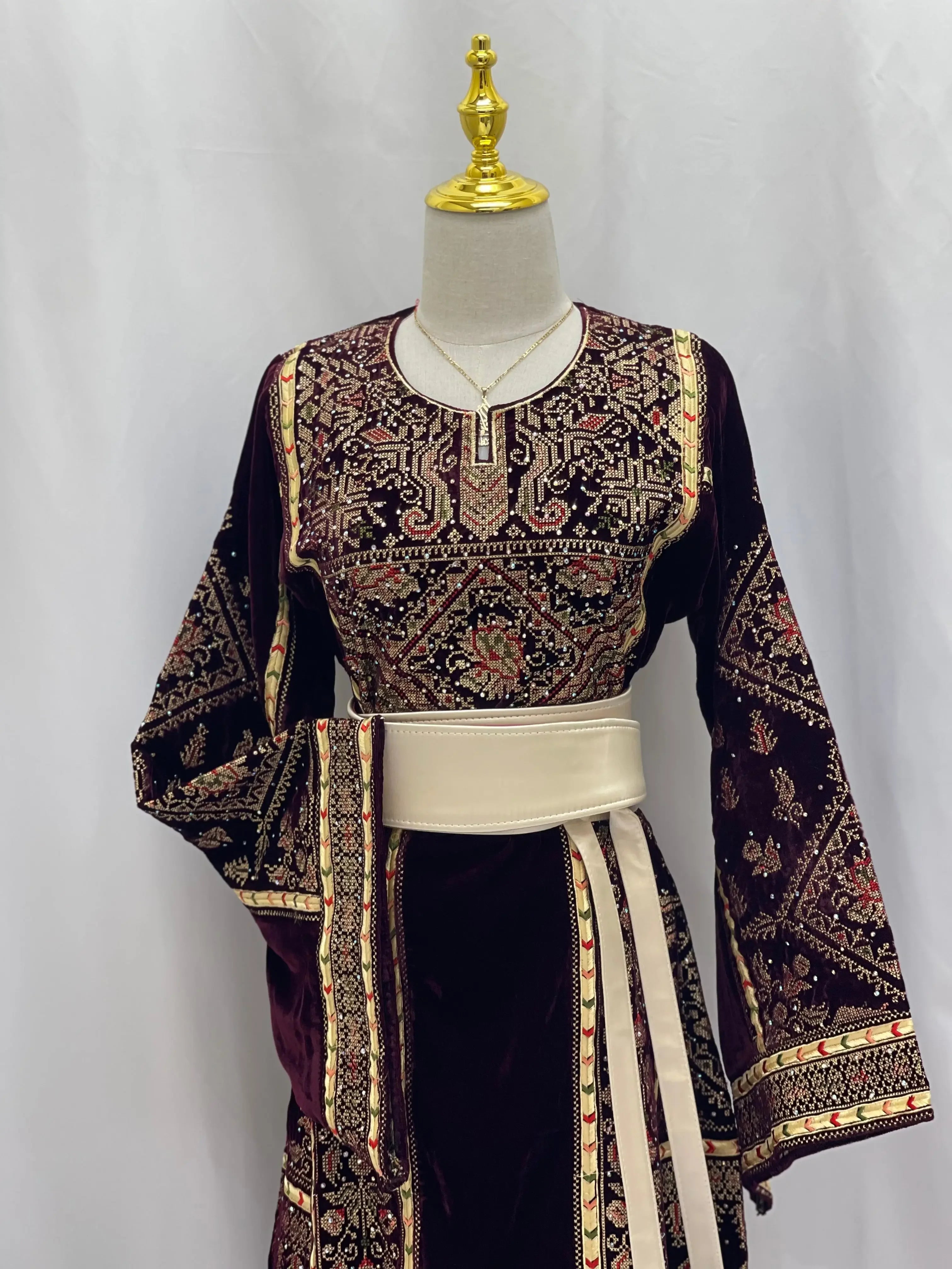 Maroon Velvet Thoub With Matching Overskirt Palestinian Elegance