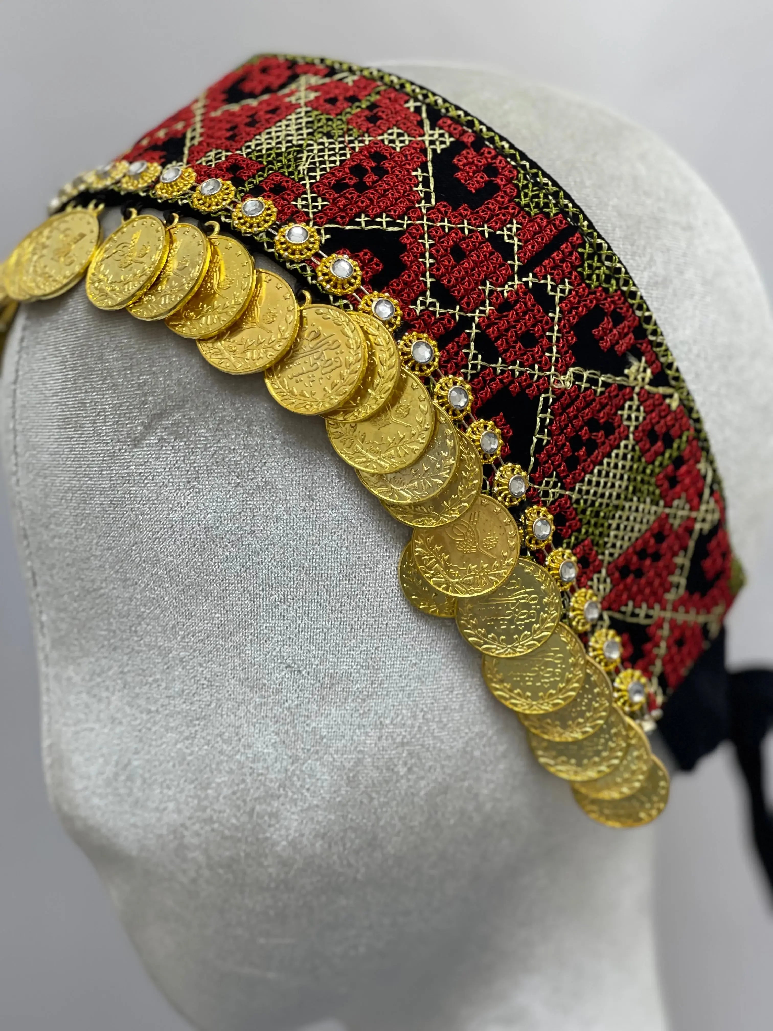 Palestinian Elegance tatreez head scarf with beads featuring red and black embroidery and gold coin accents