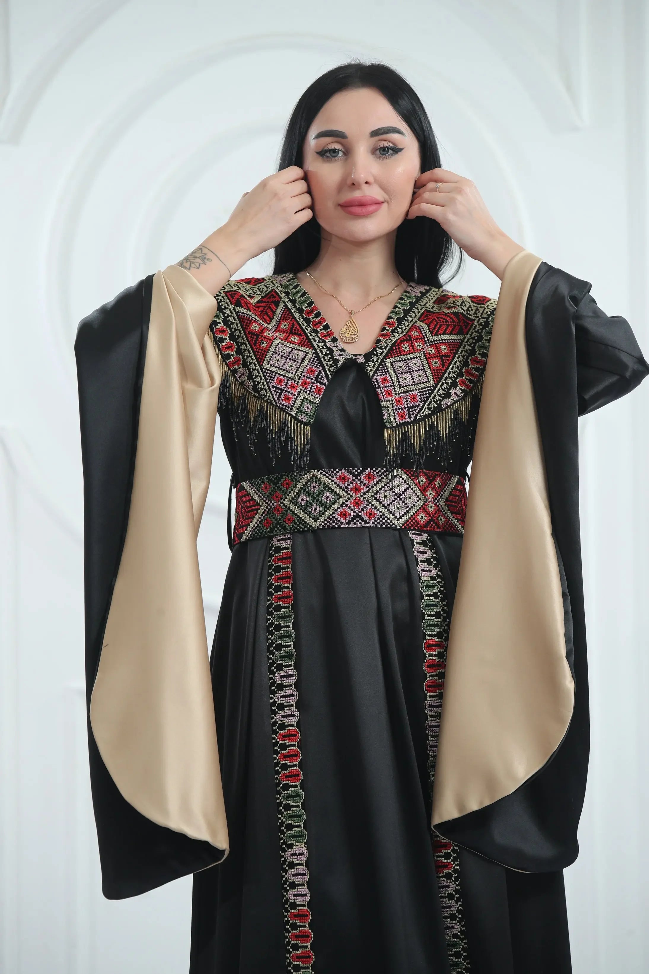 Embroidered Satin Dress With handmade Beads Palestinian Elegance